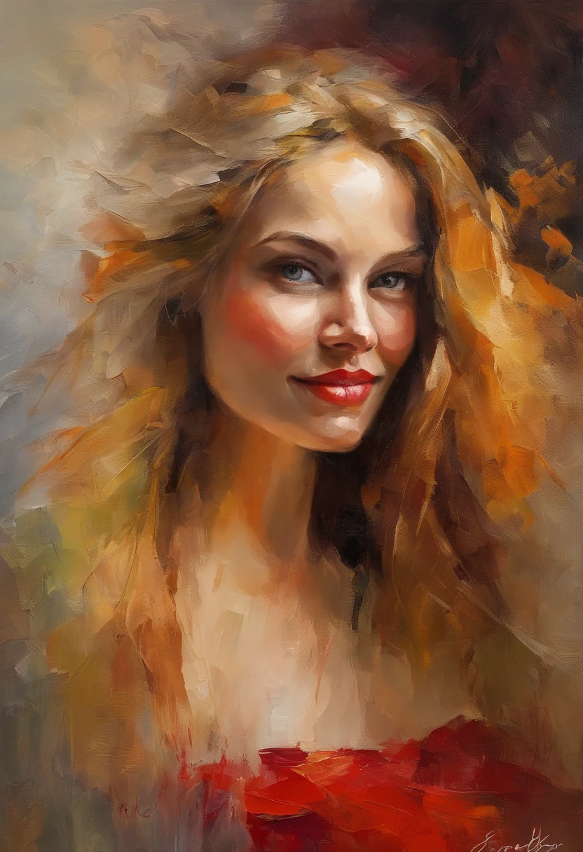 Nude Female portrait, very beautiful woman, long auburn hair, smiling eyes, looking right at the point of view, white see through shirt, cleavage, erect breast ,acrylic painting, bold and expressive brushwork with thick textured paint, impressionistic style, very fine detailed face, epic background, background frames the woman on top and sides, expert lighting and shadows, fine art painting, Junyi Liu.