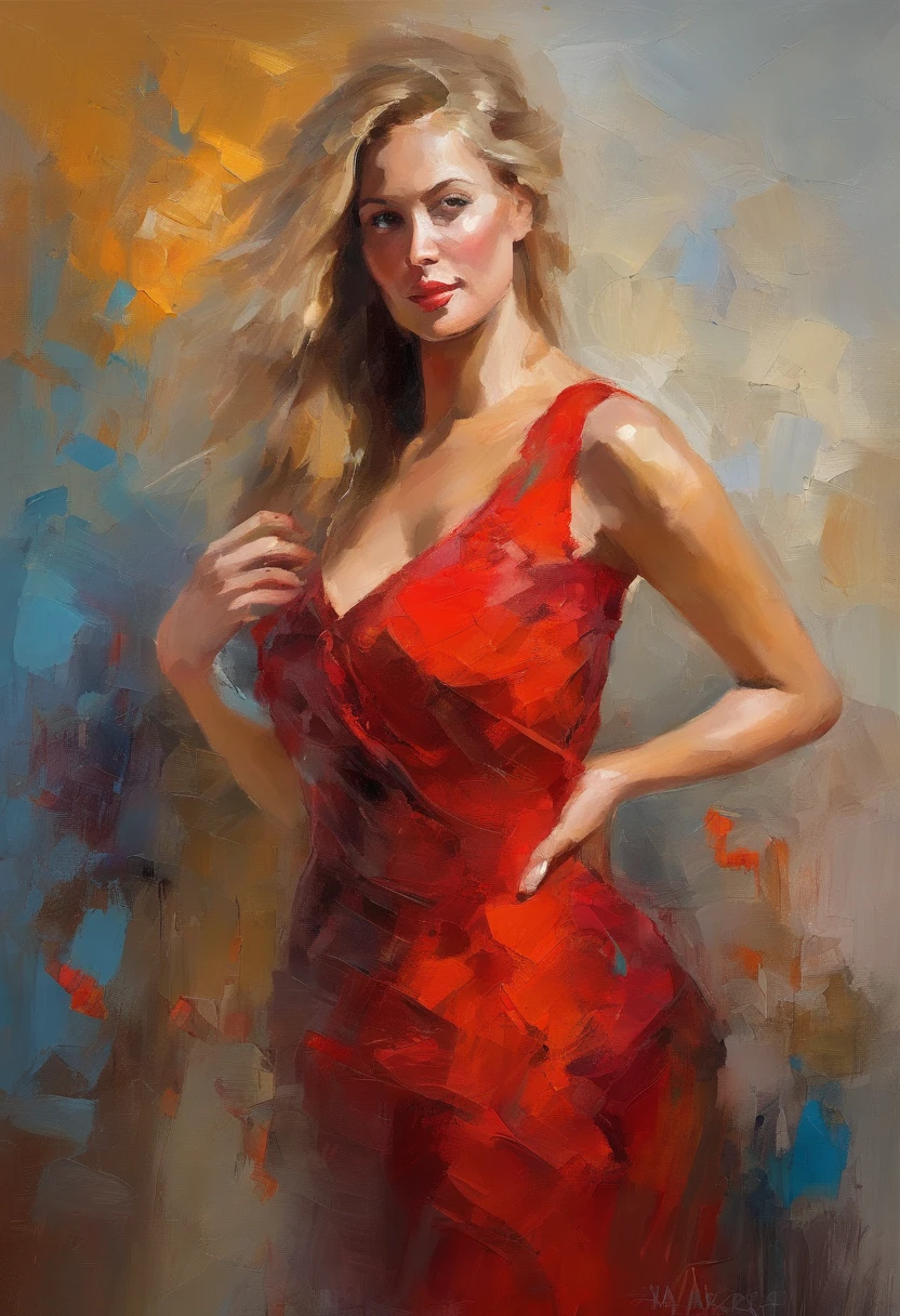 Female portrait, very beautiful woman, long blond hair, smiling eyes looking at camera, smiling mouth, revealing red dress, acrylic painting, bold and expressive brushwork, impressionistic style, epic surreal background, very heavy brushstrokes with thick textured paint, expert lighting and shadows, high contrast, fine art painting, Wadim Kashin.