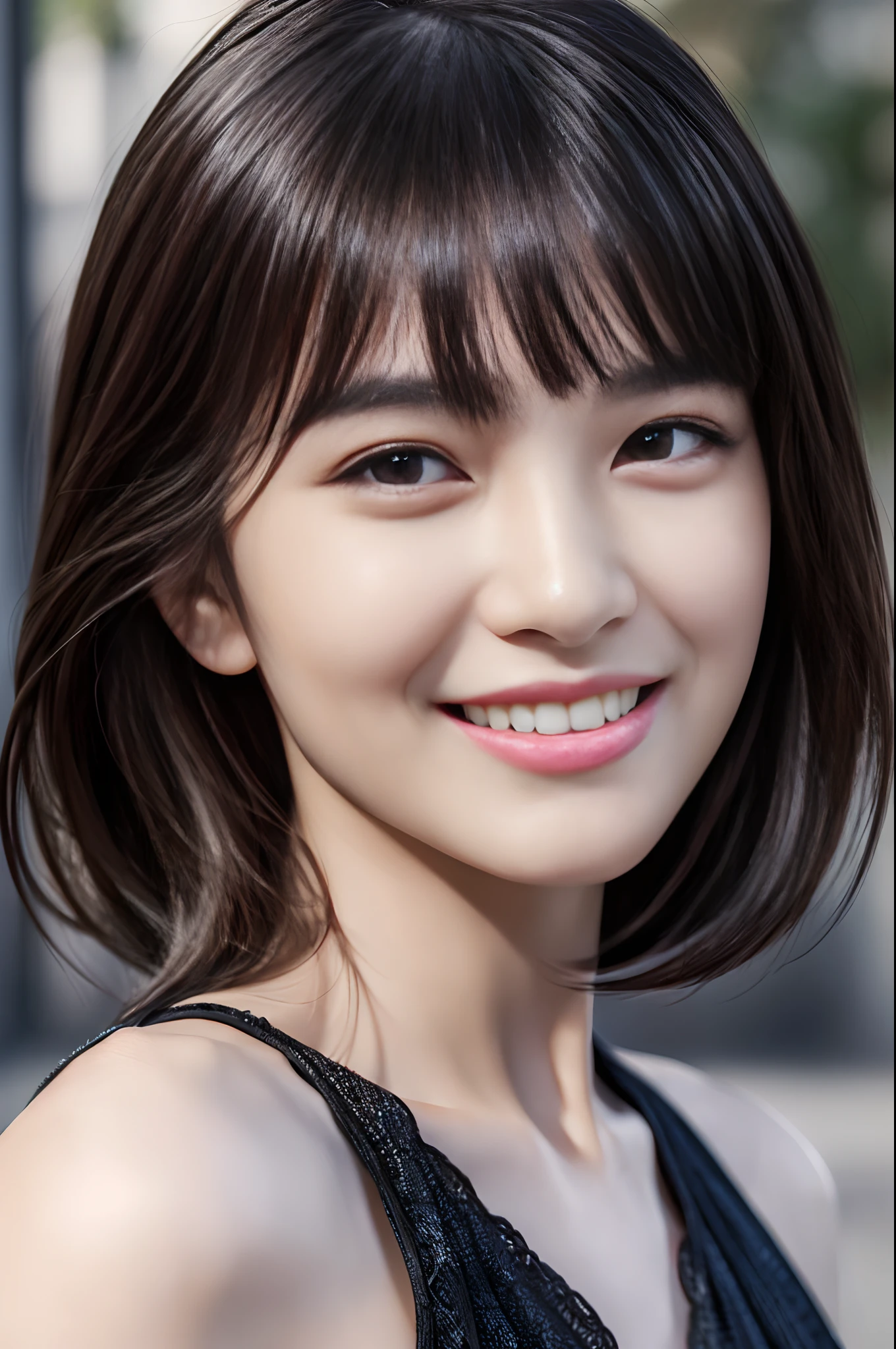 (RAW photo:1.2), (photorealistic:1.4),(masterpiece:1.3),(best quality:1.4),ultra high res,(detailed eyes),(detailed facial features),(detailed clothes features),HDR, (extreme detailed illustration),
slender girl,
long hair, bangs, straight hair,
shiny skin,
black dress,
smile,