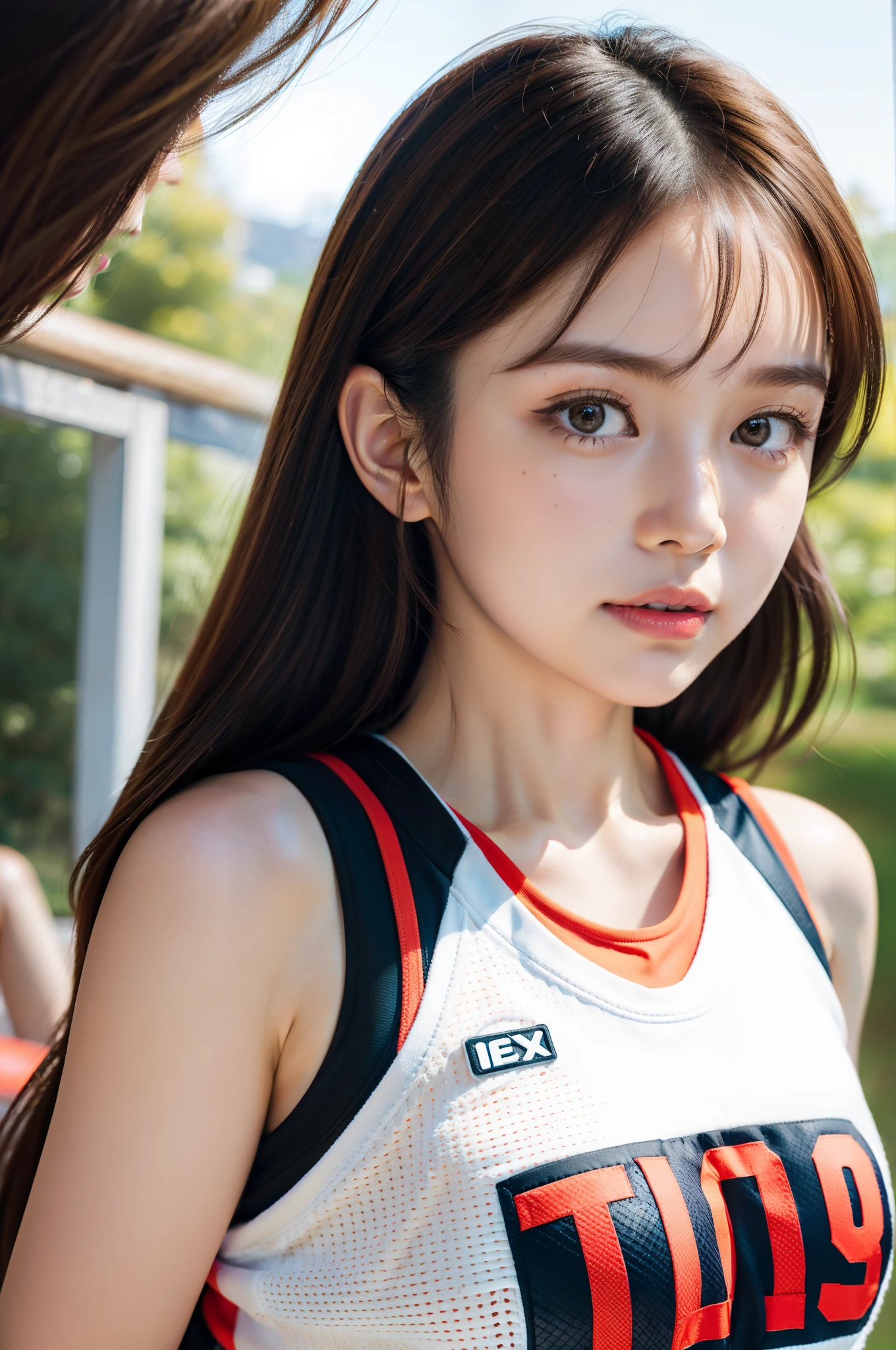 Solo shot of Morning Musume Eri Kamei dressed as a basketball player, Cute, Realistic realism, Ulutra HD, crisp detail, Vivid colors, Dynamic Range, Soft bokeh in the background that emphasizes her presence on the court, Fine texture of basketball and her costume, Pin-sharp focus on her face and balls, photography hyperrealism, Highly detailed, high-definition16k, Canon EOS 5D Mark IV DSLR Camera, EF 85mm f/1.8 STM lens, Resolution 30.4 megapixels, ISO sensit: 100, Shutter Speed 1/125 sec, Dynamic front light that captures her essence, Vibrant colors, Facing Camera, High Sharpness, depth of fields, ultra-detailed photography --ar 16:9 - V5.1 --Style raw --Q 2 --S 750.