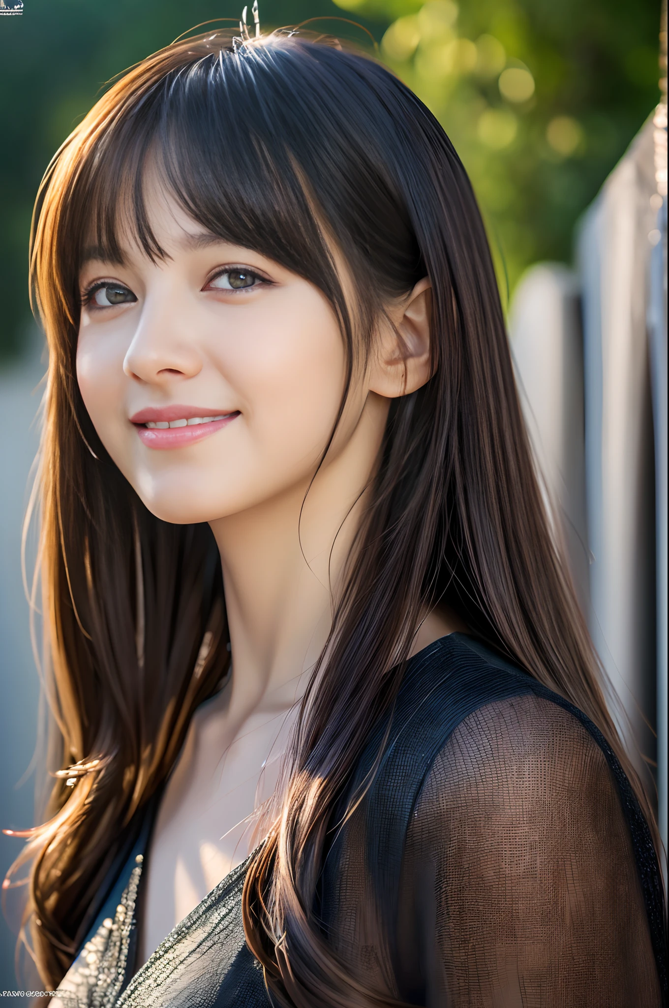 (RAW photo:1.2), (photorealistic:1.4),(masterpiece:1.3),(best quality:1.4),ultra high res,(detailed eyes),(detailed facial features),(detailed clothes features),HDR, (extreme detailed illustration),
slender girl,
long hair, bangs, straight hair,
shiny skin,
black dress, 
smile,