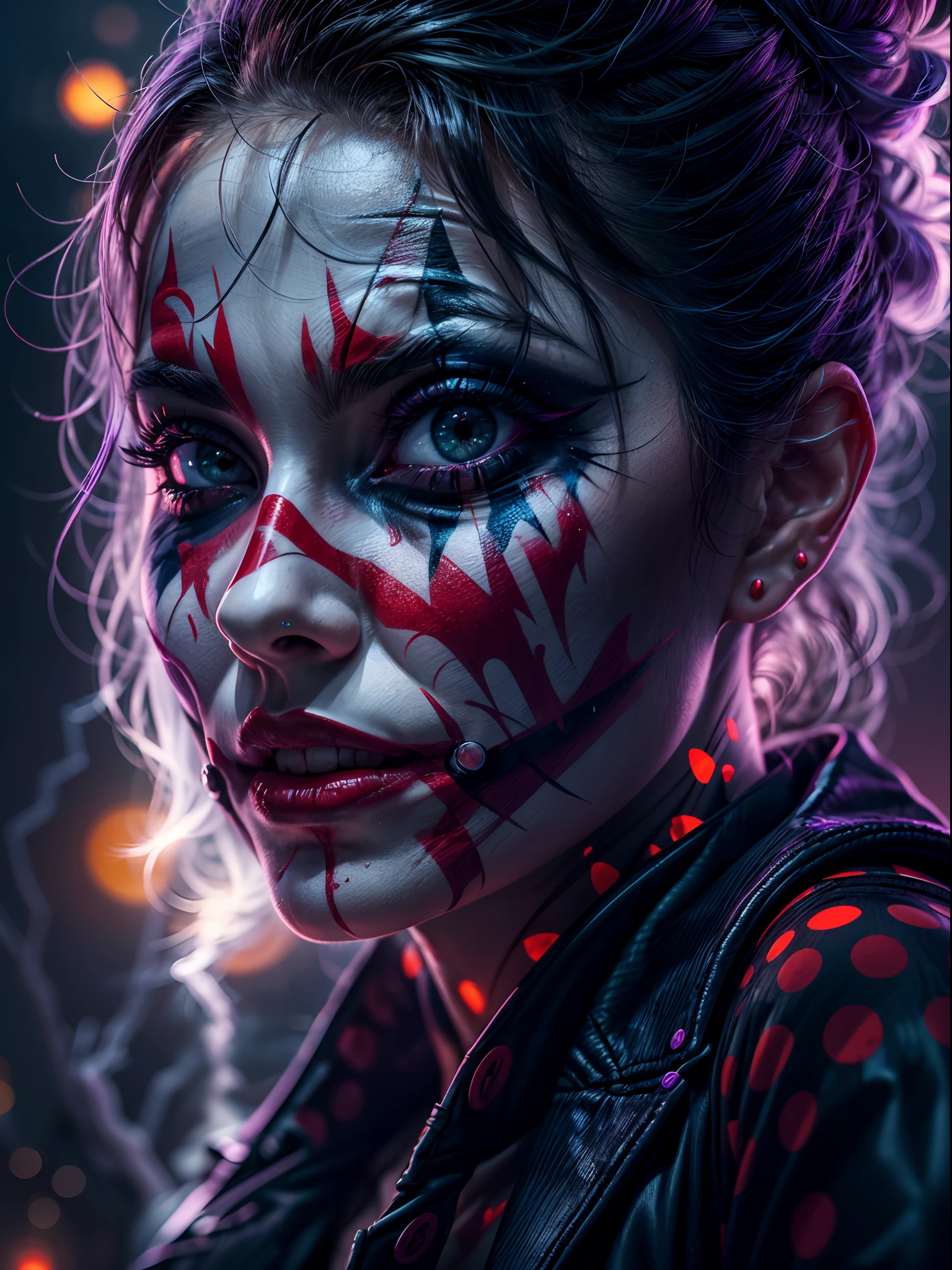 girl with joker makeup, thunder lighting collapse, realistic, 24k UHD resolution, background blurred bokeh, purple and red light effects, glowing effects, night terrifying view