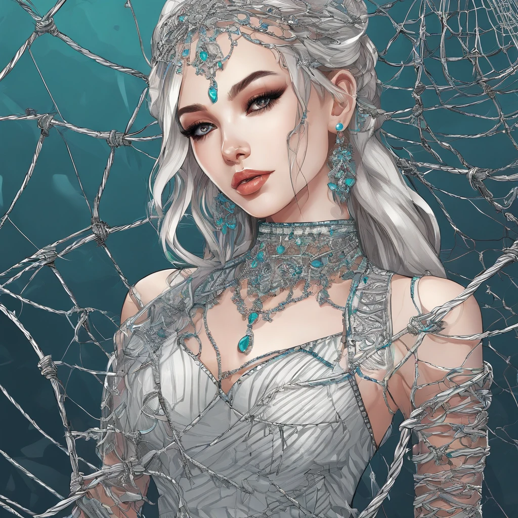 Girl in symbolic clothes of Gothic net, 。.。.。.。.com (barbed wire for body) brunette color hair,Blonde hair、fantastical light、Silver earrings、Turquoise Jewelry