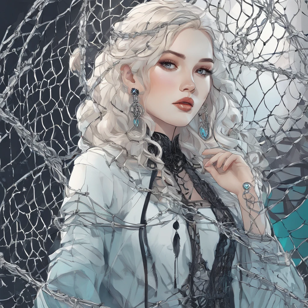 Girl in symbolic clothes of Gothic net, 。.。.。.。.com (barbed wire for body) brunette color hair,Blonde hair、fantastical light、Silver earrings、Turquoise Jewelry