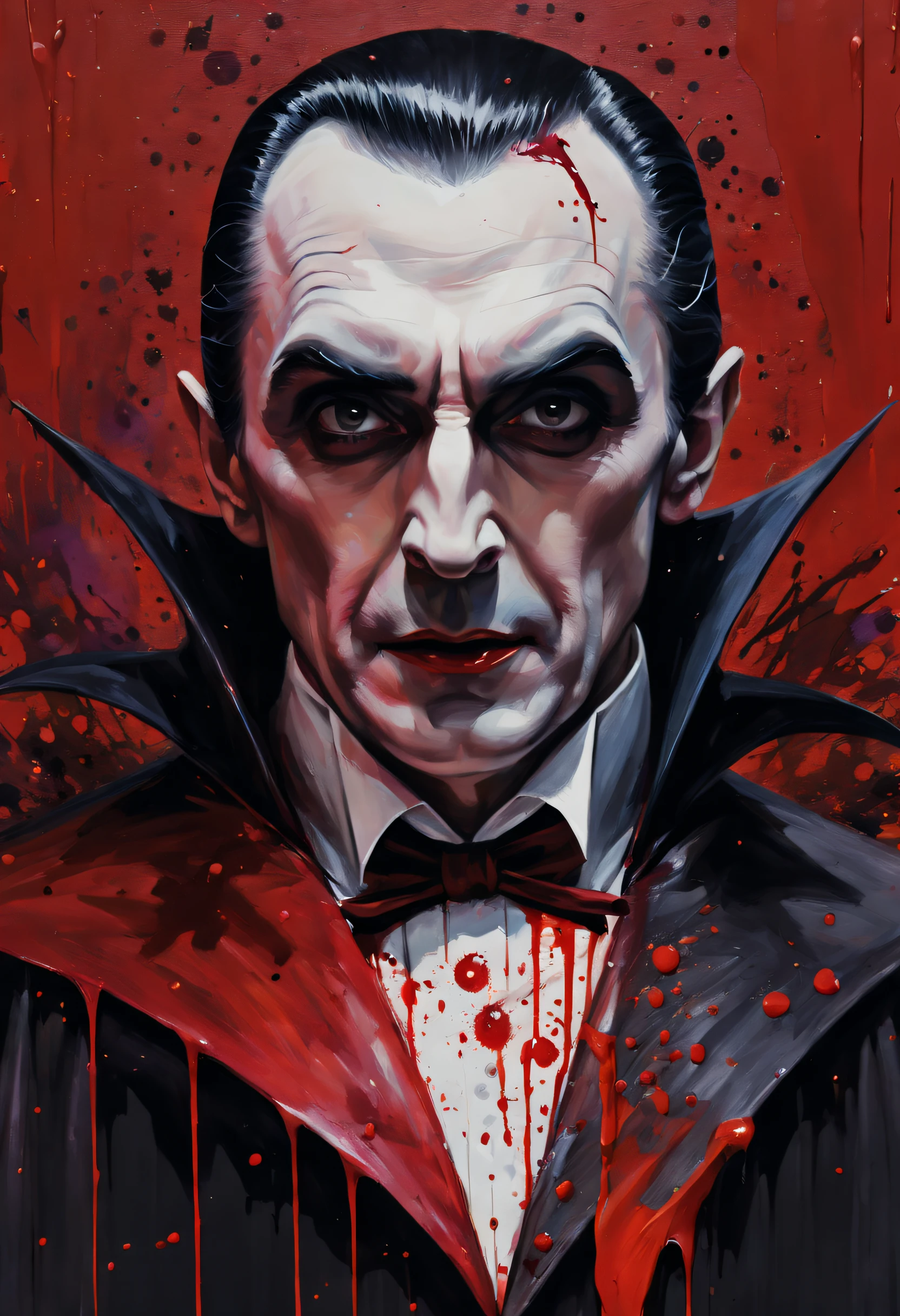 Colorful painting by Count Dracula,Composition in the play，Character frontal，filmposter，Close-up of people， Extreme close-up, Halloween-themed aesthetics, blood spatter, Nicolas Samori style