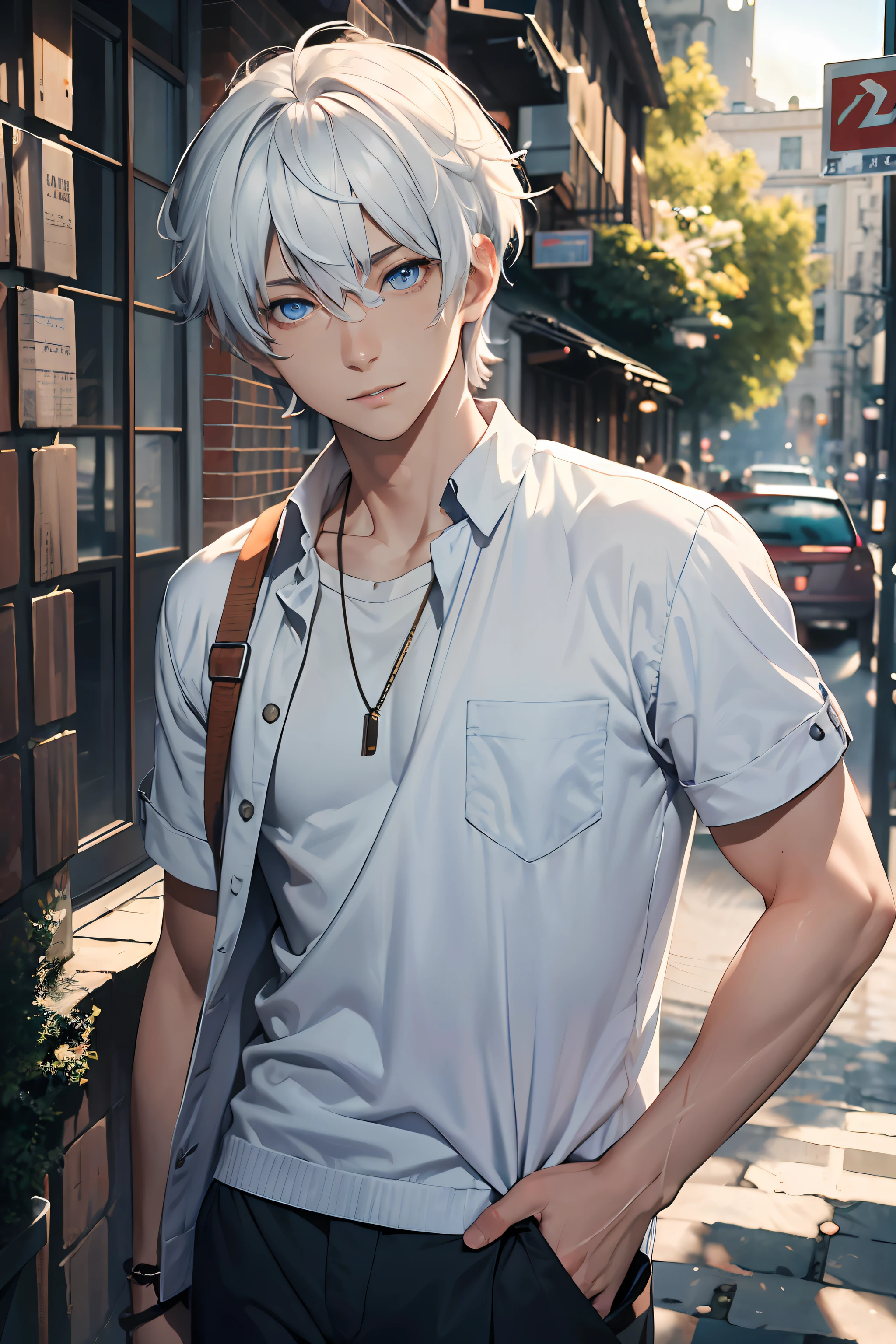 (absurdres, highres, ultra detailed, HDR), masterpiece, best quality, a boy, solo, handsome, short hair, white hair, finely blue eyes and detailed face, casual clothes, real shadow, lift hand in peace sign, joyful,