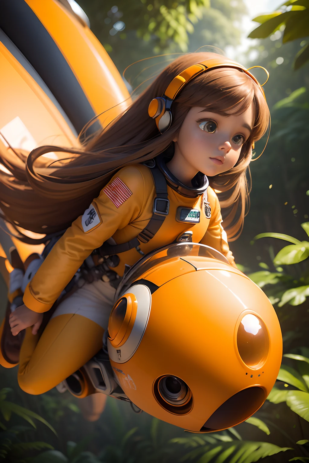 a closeup of a. 3D cartoon about a girl, Long brown hair, dressed in an orange and white spacesuit, Flying on a yellow futuristic low-flying vehicle over the grass in the jungle on an alien planet. a lot of details. Lots of insects. Blurred background in motion. Light haze