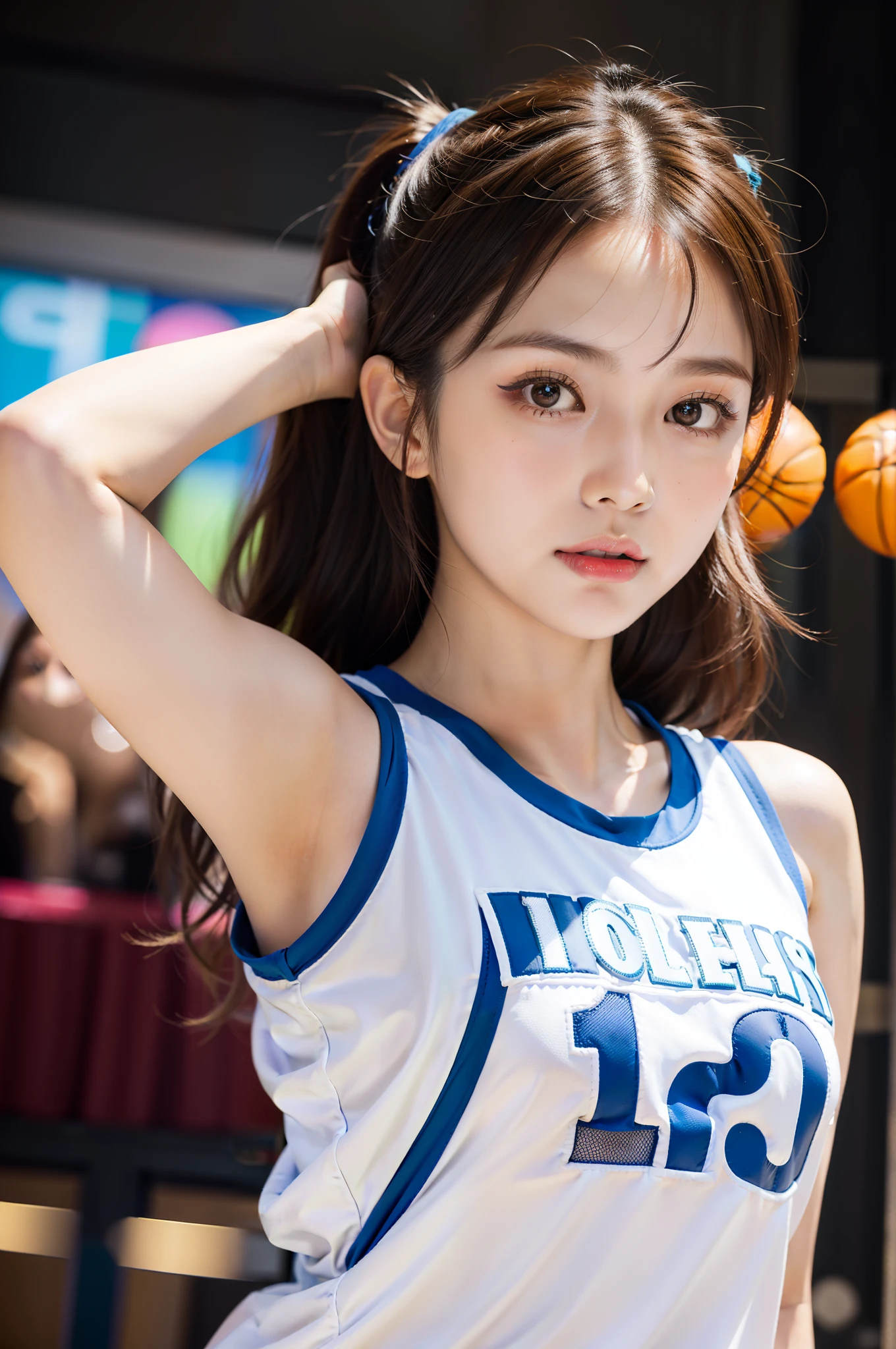 Solo shot of Morning Musume Eri Kamei dressed as a basketball player, Cute, Realistic realism, Ulutra HD, crisp detail, Vivid colors, Dynamic Range, Soft bokeh in the background that emphasizes her presence on the court, Fine texture of basketball and her costume, Pin-sharp focus on her face and balls, photography hyperrealism, Highly detailed, high-definition16k, Canon EOS 5D Mark IV DSLR Camera, EF 85mm f/1.8 STM lens, Resolution 30.4 megapixels, ISO sensit: 100, Shutter Speed 1/125 sec, Dynamic front light that captures her essence, Vibrant colors, Facing Camera, High Sharpness, depth of fields, ultra-detailed photography --ar 16:9 - V5.1 --Style raw --Q 2 --S 750.