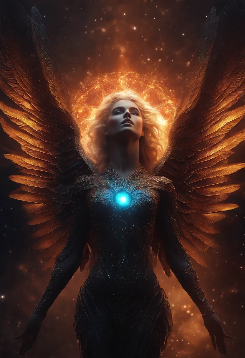 The Fallen Angel of the Universe, Radiant light eyes, biomechanical, eerie, creepy, nightmare, Very bright colors, light particles, As the light shines, Mschiff, Wallpaper Art, UHD Wallpapers