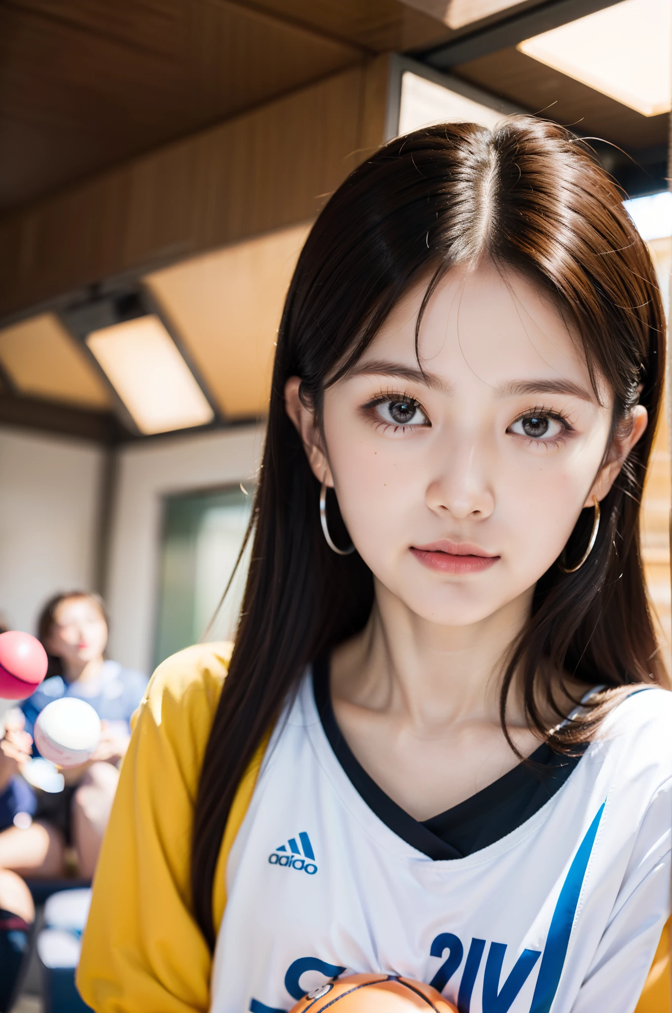 Solo shot of Morning Musume Eri Kamei dressed as a basketball player, Cute, Realistic realism, Ulutra HD, crisp detail, Vivid colors, Dynamic Range, Soft bokeh in the background that emphasizes her presence on the court, Fine texture of basketball and her costume, Pin-sharp focus on her face and balls, photography hyperrealism, Highly detailed, high-definition16k, Canon EOS 5D Mark IV DSLR Camera, EF 85mm f/1.8 STM lens, Resolution 30.4 megapixels, ISO sensit: 100, Shutter Speed 1/125 sec, Dynamic front light that captures her essence, Vibrant colors, Facing Camera, High Sharpness, depth of fields, ultra-detailed photography --ar 16:9 - V5.1 --Style raw --Q 2 --S 750.