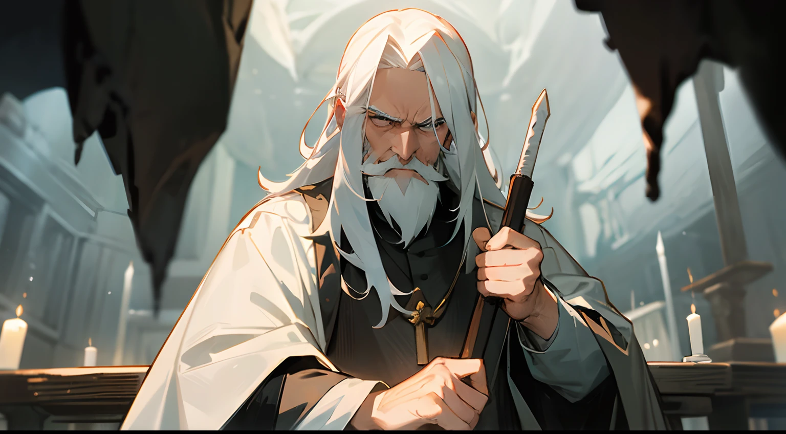 The forehead is visible、White-haired priest、White beard、(Raise bangs)、Rugged look、Hold your cane、In a dark cave、Suspicious altar、Upper body is shown、