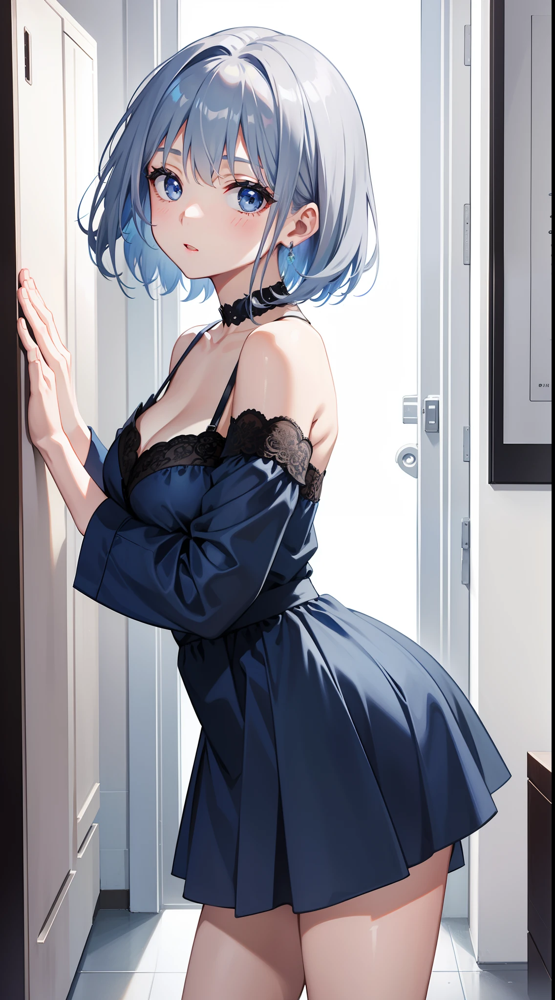 young girl, short gray hair, Beautiful Blue Dress, arma, Masterpiece, hiquality, 4k, HD, Good detail