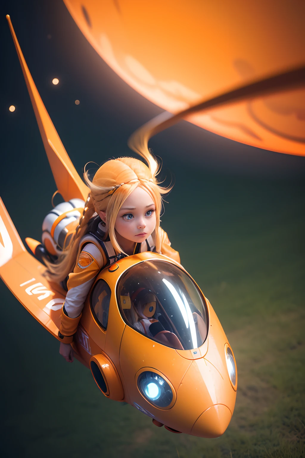a closeup of a. 3D cartoon about a girl, Long blonde braids, dressed in an orange and white spacesuit, Flying on a yellow futuristic low-flying vehicle over the grass in the jungle on an alien planet. a lot of details. Lots of insects. Blurred background in motion. Light haze