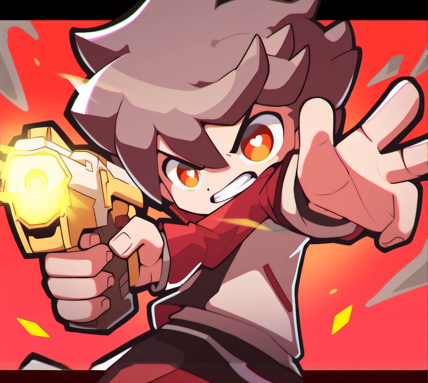 Anime character with gun pointed at camera with red background, trigger anime artstyle, he has a pistol!!, hero 2 d fanart artsation, Game art!!, Stylized anime, Epic anime style, badass posture, 2D game fanart, cel - shaded art style, Anime Stylization, Badass anime 8 K, mana shooting from his hands