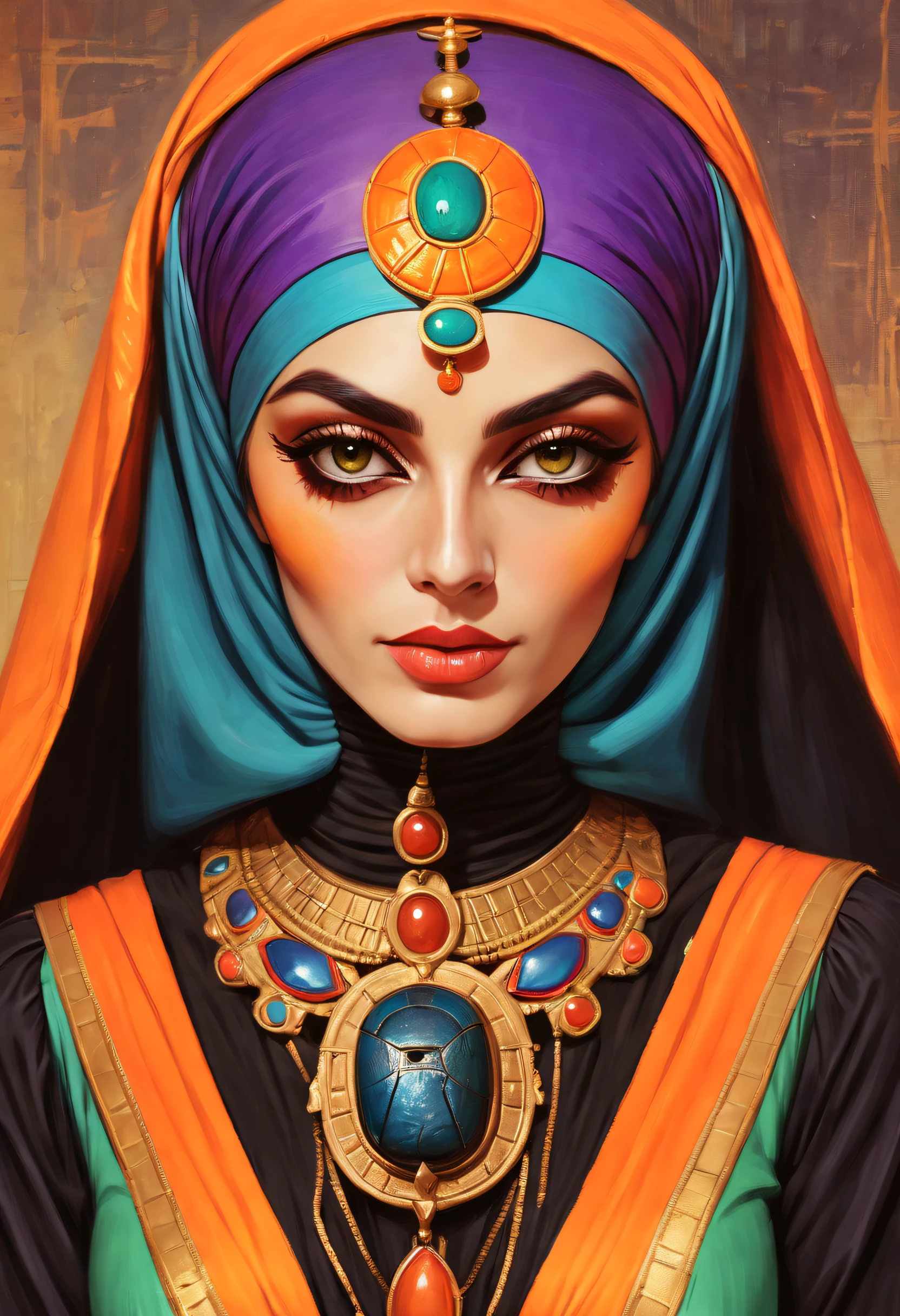 a colorful painting of a (woman wearing a mummy halloween outfit:1.3), extreme close-up, halloween theme aesthetics, embalming linen wraps, head wraps, egyptian scarab brooch, ancient egypt, in the style of nicola samori
