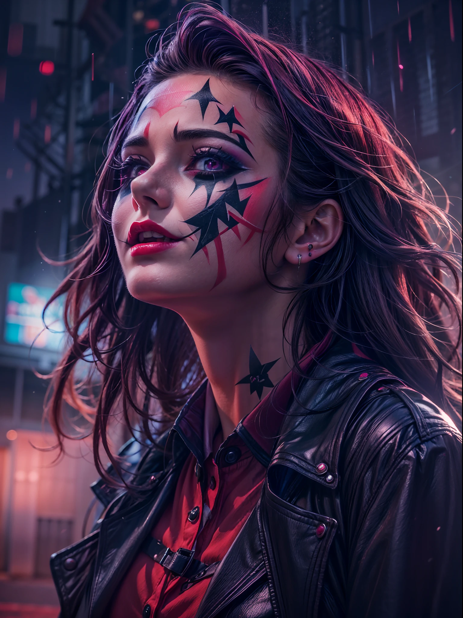 girl with joker makeup, thunder lighting collapse, realistic, 24k UHD resolution, background blurred bokeh, purple and red light effects, glowing effects, night terrifying view