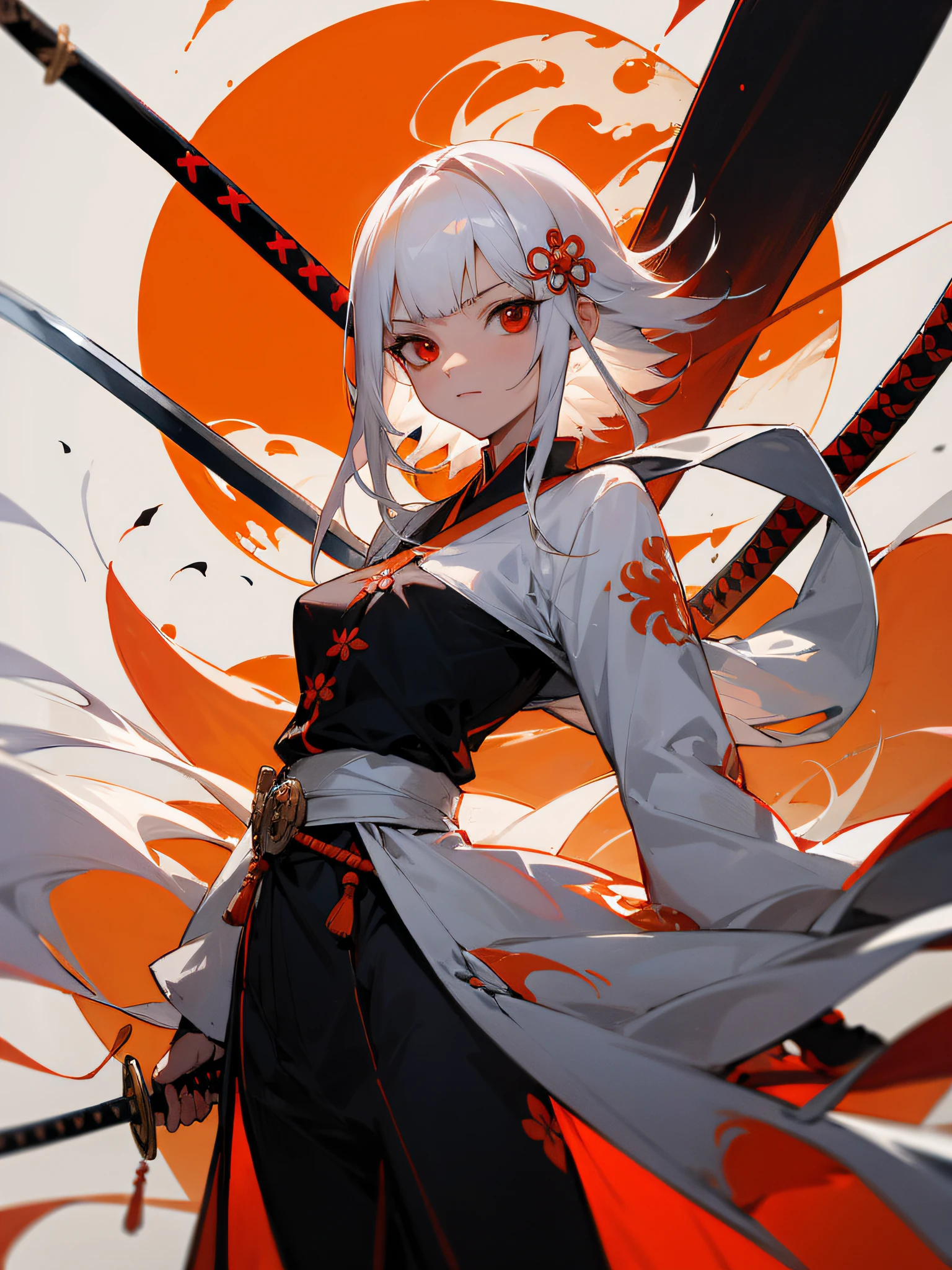 An image of demon with white hair and red eyes holding swords by an orange sun, arma, espada, chifres, 1girl, roupas japonesas, Katana, quimono, sozinho, Olhos vermelhos, segurando espada, jewelries, propriedade, brincos, Cabelos Longos, Olhando para o Viewer, bainha, eles, rabo-de-cavalo, tatuagem, cabelos brancos, chifres vermelhos
