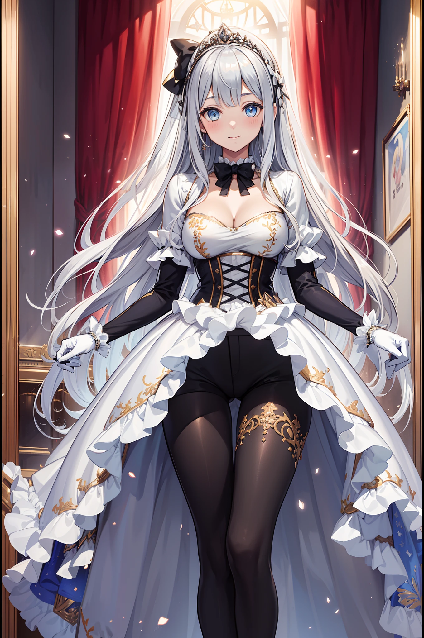 teens girl,seductiv,having fun,Being in love,(Girl wearing intricately embroidered black high-waisted pants with pantyhose),(White ruffled bow gloves),whaite hair,eBlue eyes,Suitable transparent clothing,The tiara of the Holy Light,Transparent lace,exquisite costumes,solo person,European style bedroom,(natta:1.1),Delicate and beautiful face,