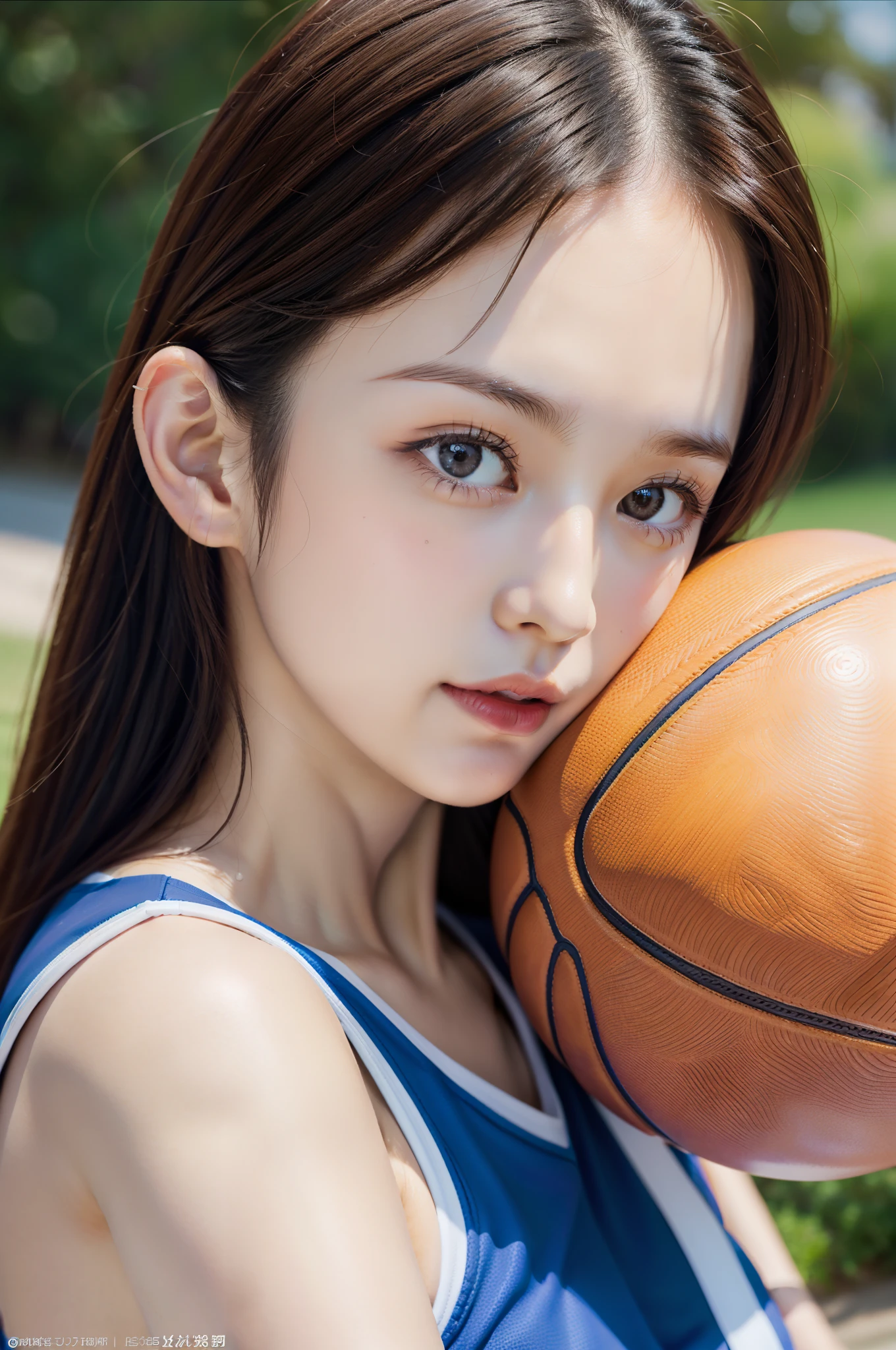 Solo shot of Morning Musume Eri Kamei dressed as a basketball player, Cute, Realistic realism, Ulutra HD, crisp detail, Vivid colors, Dynamic Range, Soft bokeh in the background that emphasizes her presence on the court, Fine texture of basketball and her costume, Pin-sharp focus on her face and balls, photography hyperrealism, Highly detailed, high-definition16k, Canon EOS 5D Mark IV DSLR Camera, EF 85mm f/1.8 STM lens, Resolution 30.4 megapixels, ISO sensit: 100, Shutter Speed 1/125 sec, Dynamic front light that captures her essence, Vibrant colors, Facing Camera, High Sharpness, depth of fields, ultra-detailed photography --ar 16:9 - V5.1 --Style raw --Q 2 --S 750.