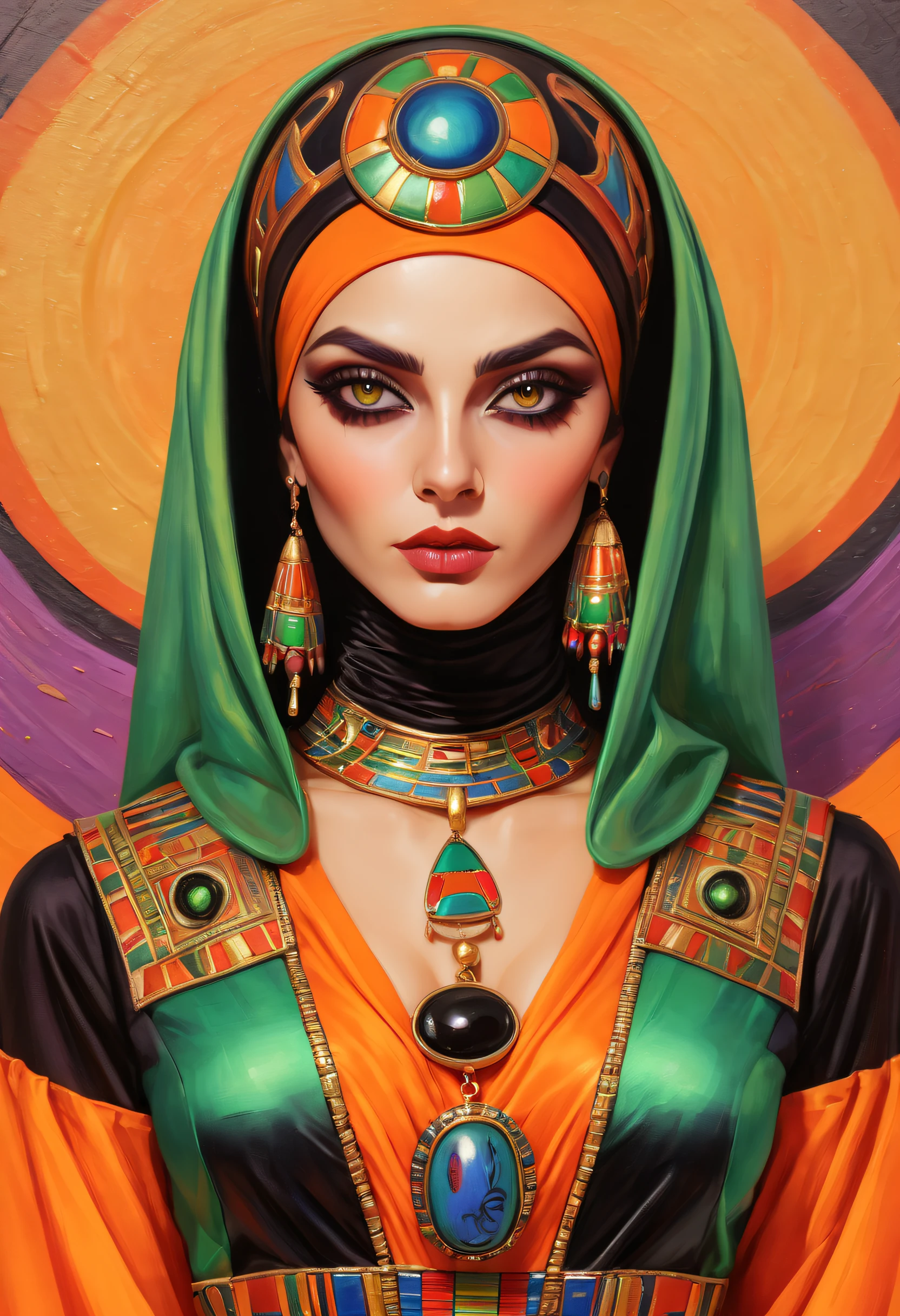 A colorful painting (Woman in Halloween mom costume:1.3), Extreme close-up, Halloween-themed aesthetics, Antiseptic linen, hijabi sluty, Egyptian scarab brooch, Ancient Egypt, Nikolai Samori's style