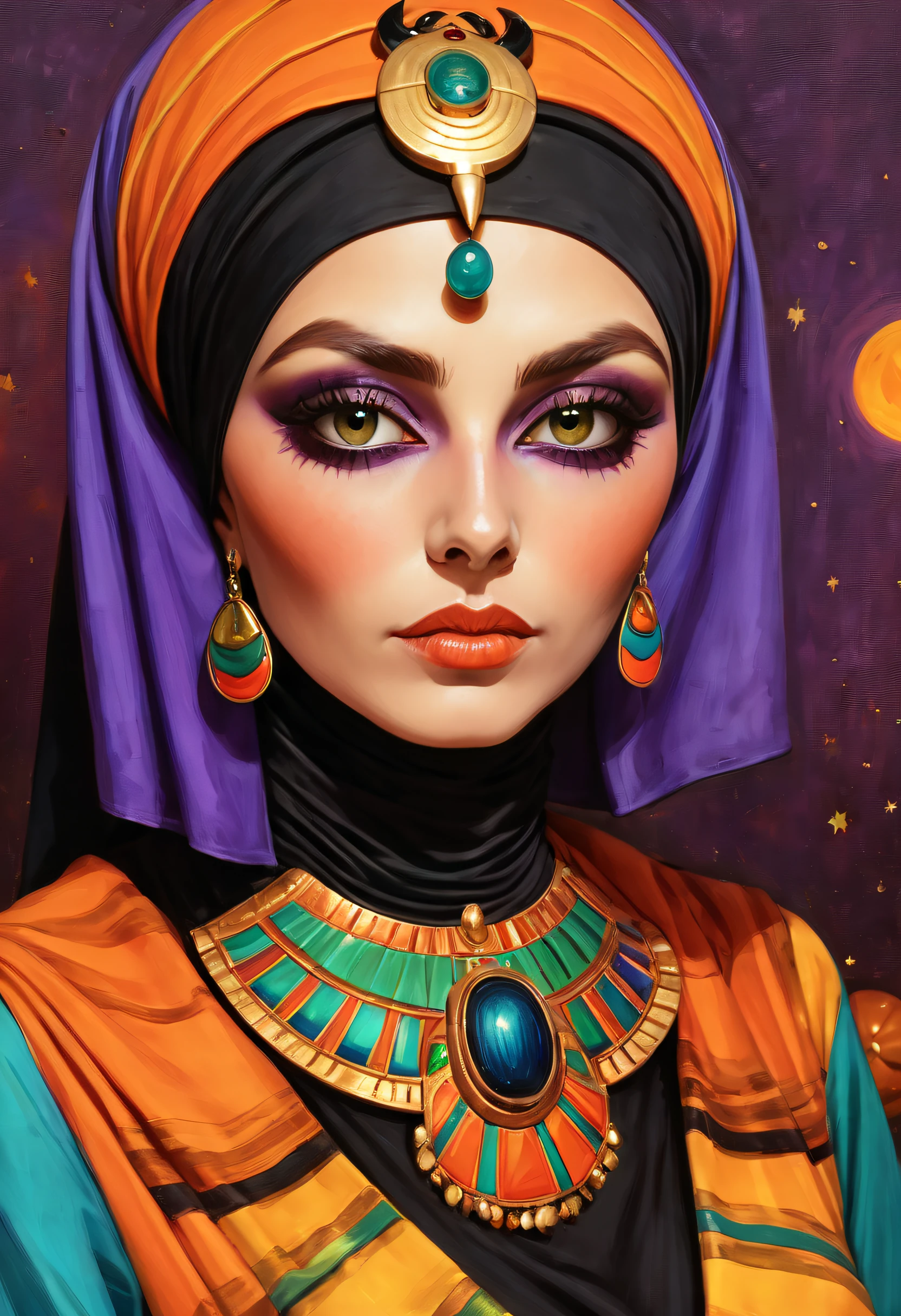 A colorful painting (Woman in Halloween mom costume:1.3), Extreme close-up, Halloween-themed aesthetics, Antiseptic linen, hijabi sluty, Egyptian scarab brooch, Ancient Egypt, Nikolai Samori's style