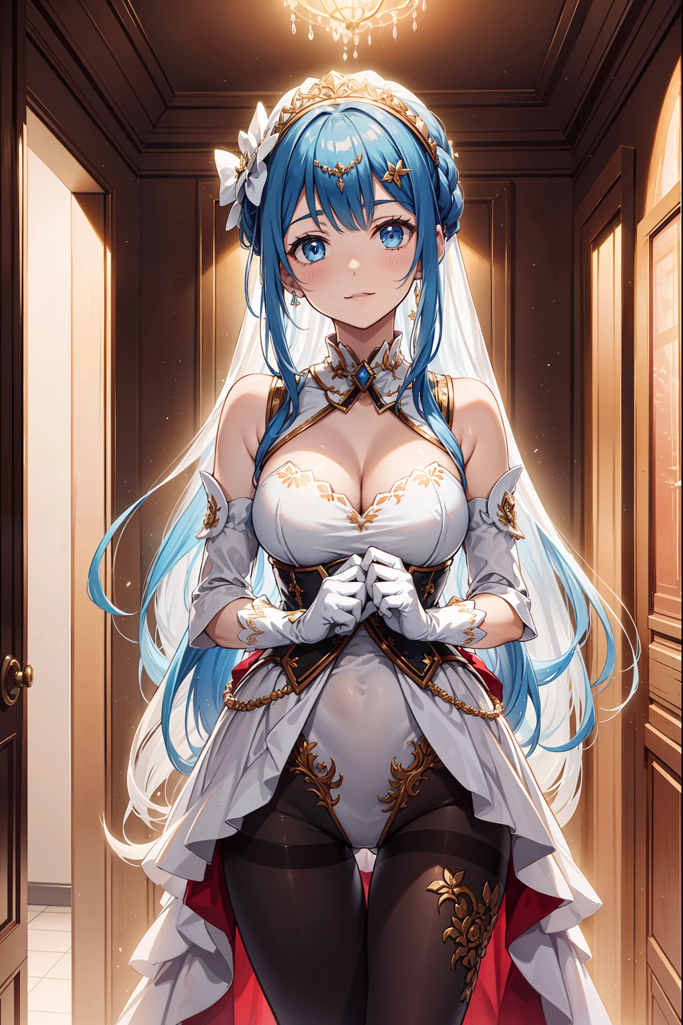 s girl，seductiv，having fun，Being in love，(Girl wearing intricately embroidered black high-waisted pants with pantyhose)，(White ruffled bow gloves)，whaite hair，eBlue eyes，The upper body is a semi-transparent white shirt，Sacred headdress，Transparent lace，exquisite costumes，solo person，European style bedroom，(natta:1.1)，Delicate and beautiful face，