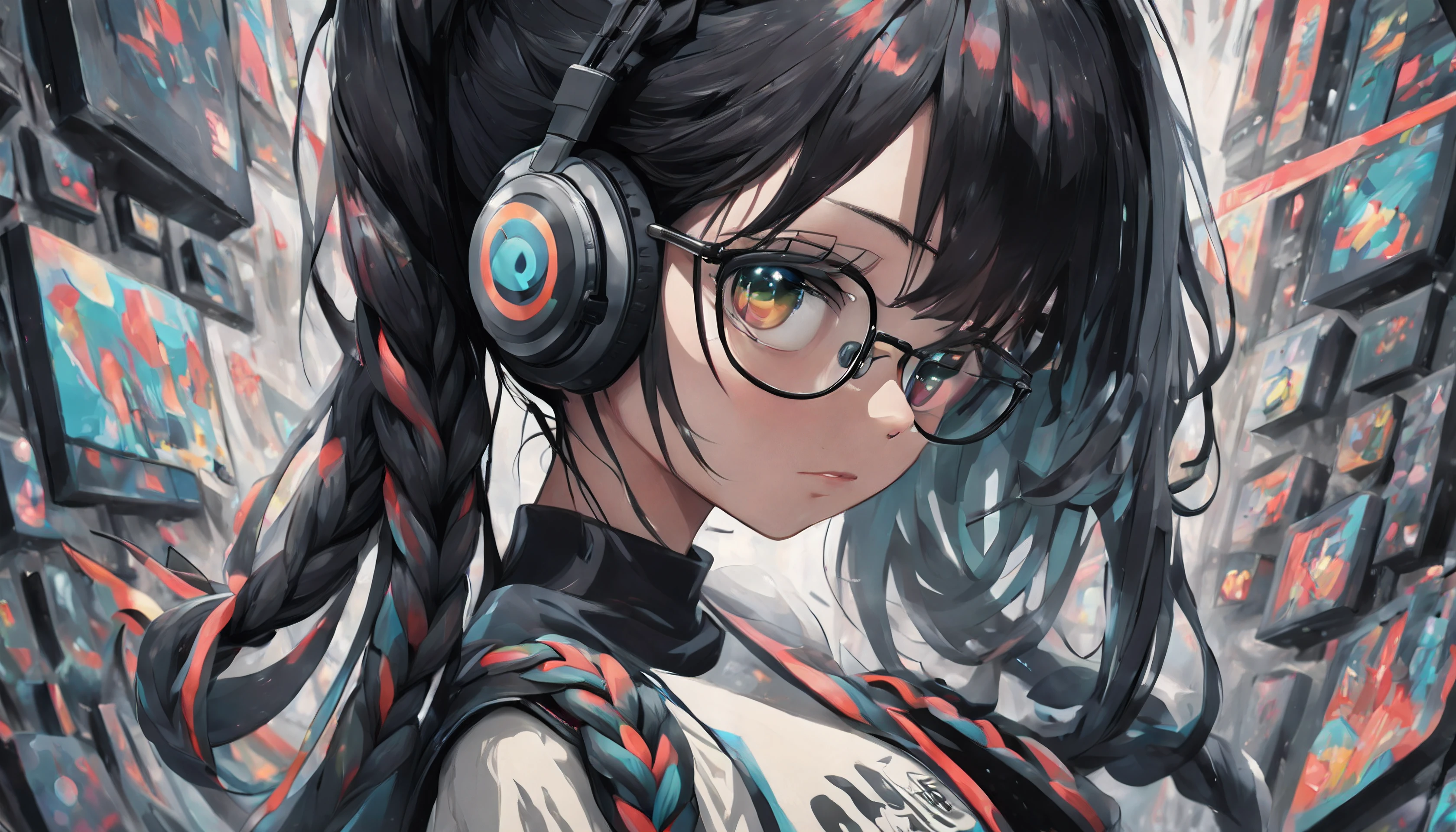 black hair, longeyelashes, solid circle eyes, asymmetrical hair, braided ponytail, long hair, facepaint, headphones, bespectacled, eyeball, tareme, sleepy, Surrealism, drop shadow, anaglyph, stereogram, tachi-e, pov, atmospheric perspective, Art Deco, anime style, Hyperrealism, from side, 8k, super detail, ccurate, best quality, UHD, masterpiece, textured skin, super detail, high details, high quality, highres