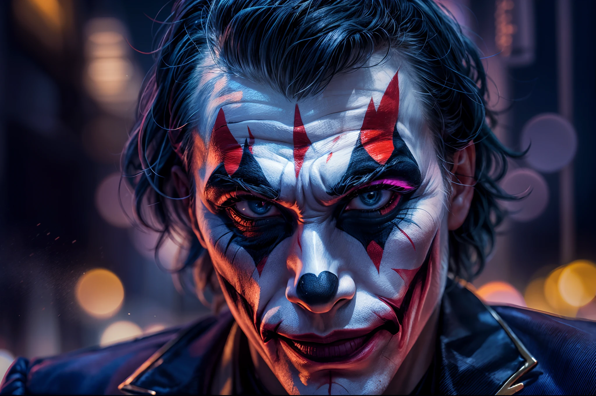 Man with joker makeup, realistic, 24k UHD resolution, background blurred bokeh, purple and red light effects, glowing effects, night view