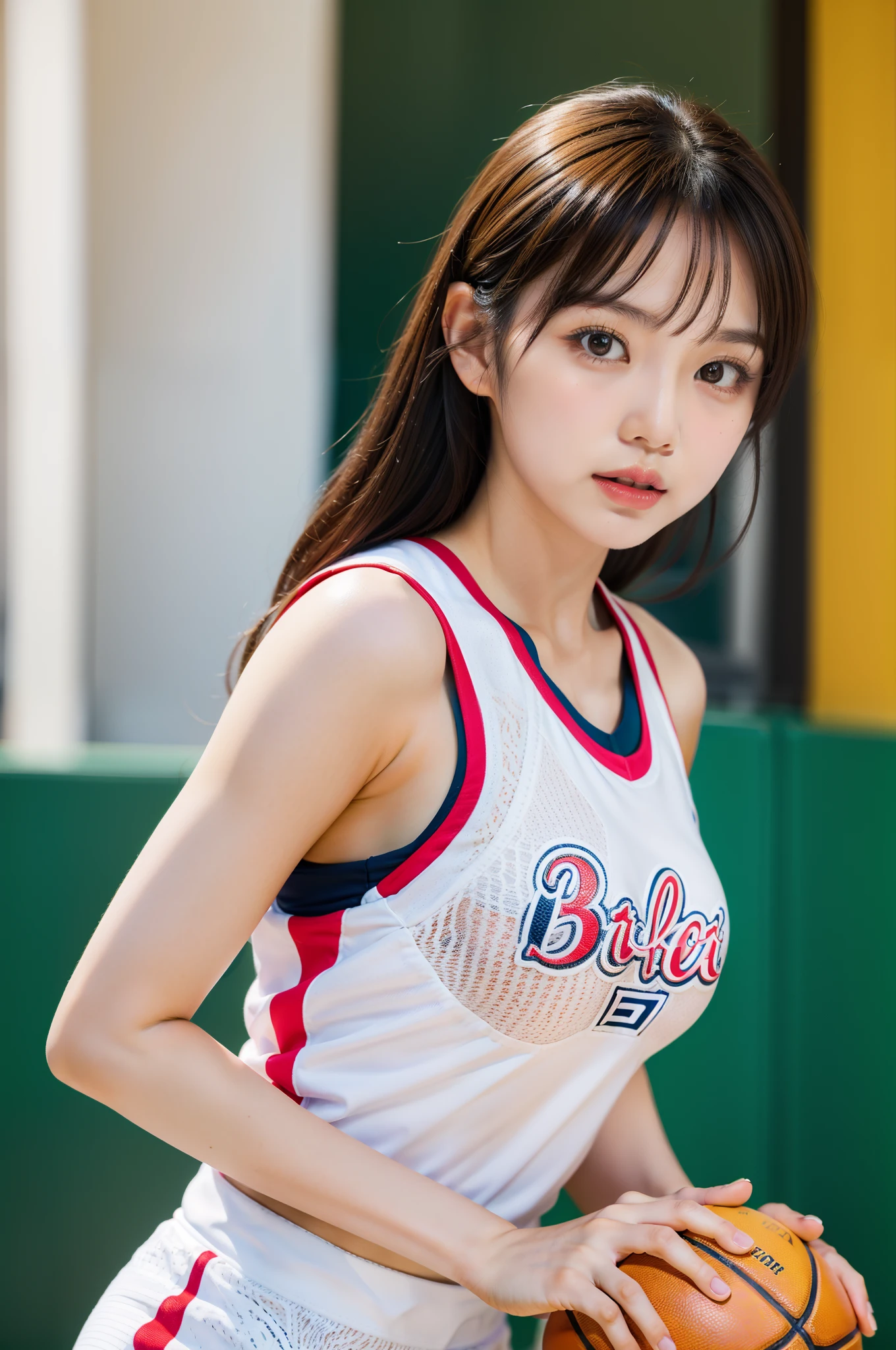 Solo shot of Morning Musume Eri Kamei dressed as a basketball player, Cute, Realistic realism, Ulutra HD, crisp detail, Vivid colors, Dynamic Range, Soft bokeh in the background that emphasizes her presence on the court, Fine texture of basketball and her costume, Pin-sharp focus on her face and balls, photography hyperrealism, Highly detailed, high-definition16k, Canon EOS 5D Mark IV DSLR Camera, EF 85mm f/1.8 STM lens, Resolution 30.4 megapixels, ISO sensit: 100, Shutter Speed 1/125 sec, Dynamic front light that captures her essence, Vibrant colors, Facing Camera, High Sharpness, depth of fields, ultra-detailed photography --ar 16:9 - V5.1 --Style raw --Q 2 --S 750.