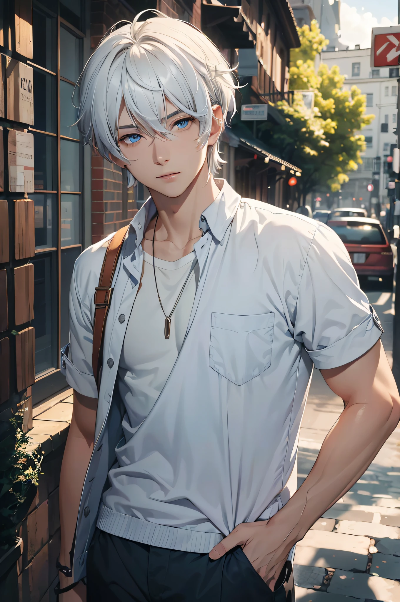 Anime guy with white hair and blue eyes standing on a street - SeaArt AI