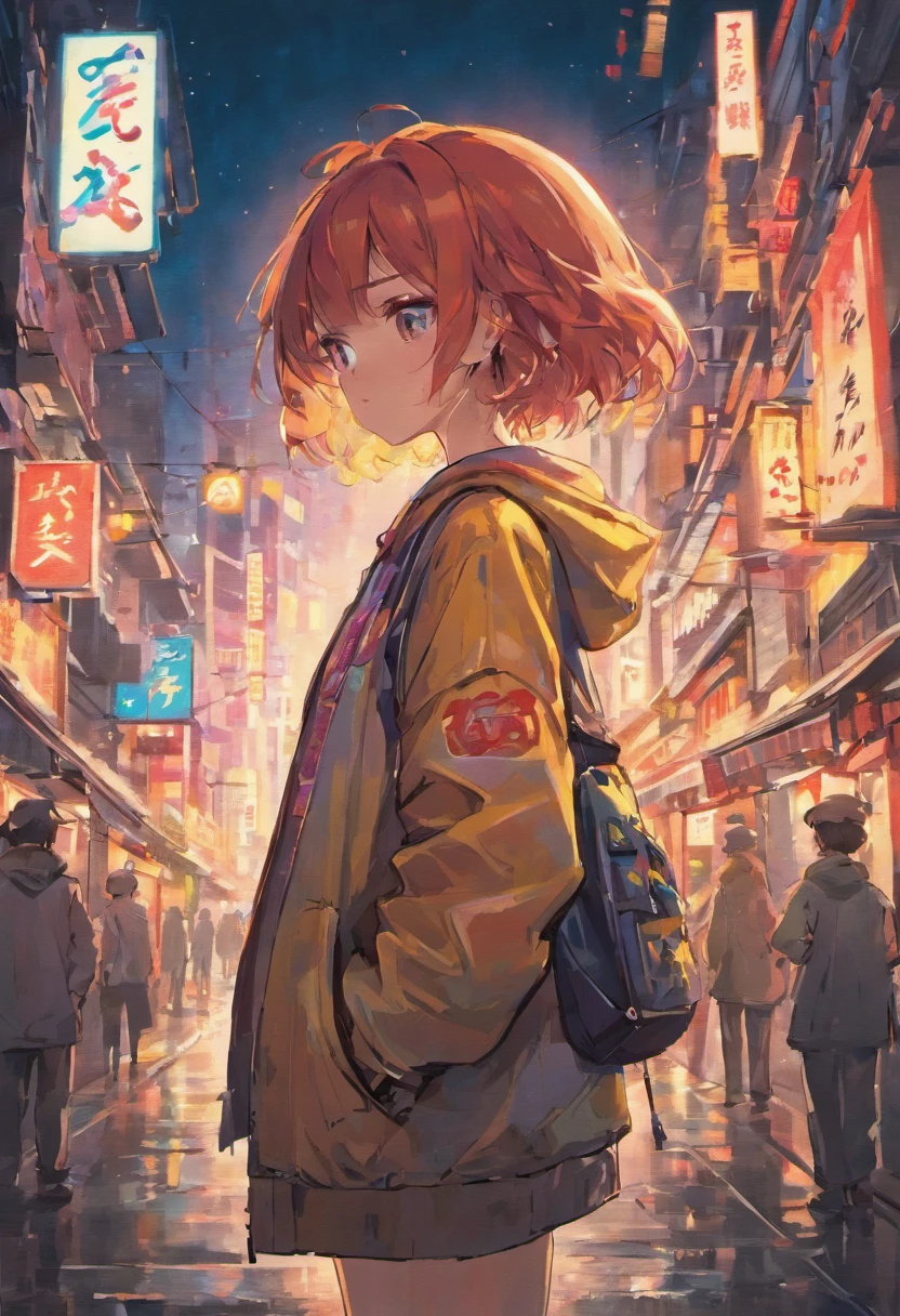 Set the scene in a cool urban night setting of a Japanese city. The cityscape should be vibrant and buzzing with life, showcasing neon lights and tall buildings.
In the foreground, feature a girl with a direct gaze, ensuring her eyes are focused straight ahead.
She should be wearing a hat and have a short haircut.
The illustration style should resemble that commonly found in Japanese manga, with intricate details and a heavy influence of Japanese subculture.
Make the colors of the image rich and vivid, emphasizing the colorful city lights and the girl's outfit.
The overall image should exude a strong influence of Japanese subculture, possibly including elements like anime billboards, street fashion, or iconic landmarks in the background.