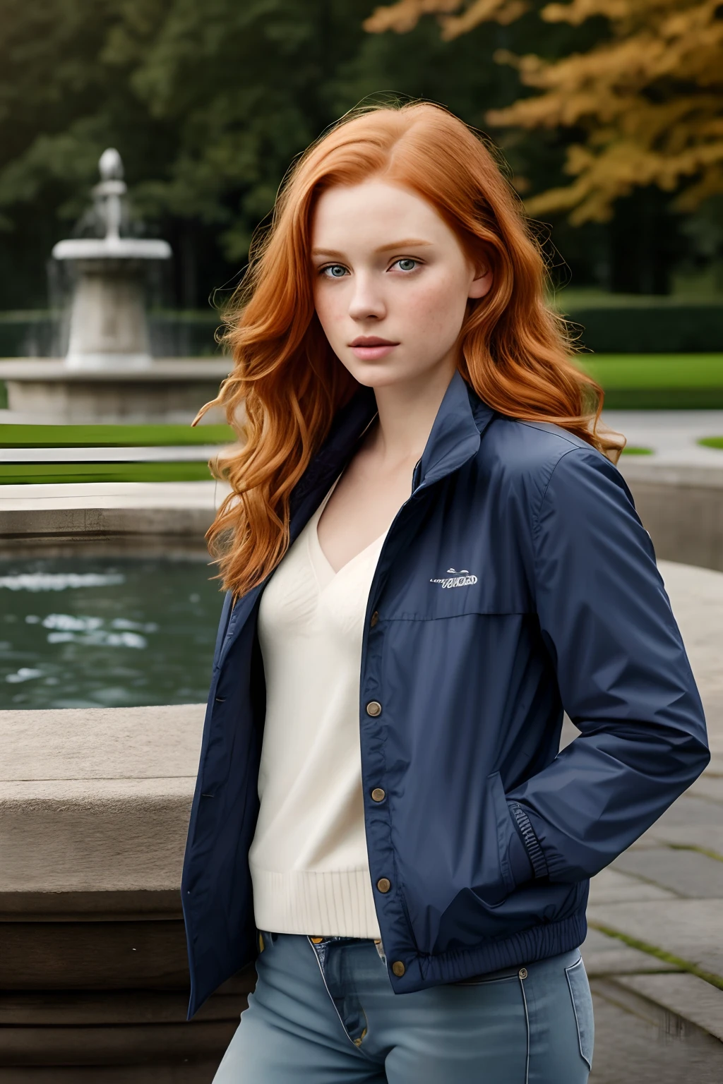 1girl in, age19, Solo, Aesthetic artwork, irish redhead, wavy ginger hair, shoulder length ginger hair, gray eyes, light grey eyes, some small freckles, pale skin, A-cup, small breasts, runners body, detailed skin texture, in a city park, standing by a fountain, side profile, looking at viewer, (extremely detailed 8k wallpaper), soft lighting, high quality, film grain, Fujifilm XT3 sharp focus, f 5.6, 50mm, High Detail, Sharp focus,(natural light), (wearing a navy blue khaki jacket), khaki jacket, (wearing faded blue jeans), crazy details, complex details, hyper detailed