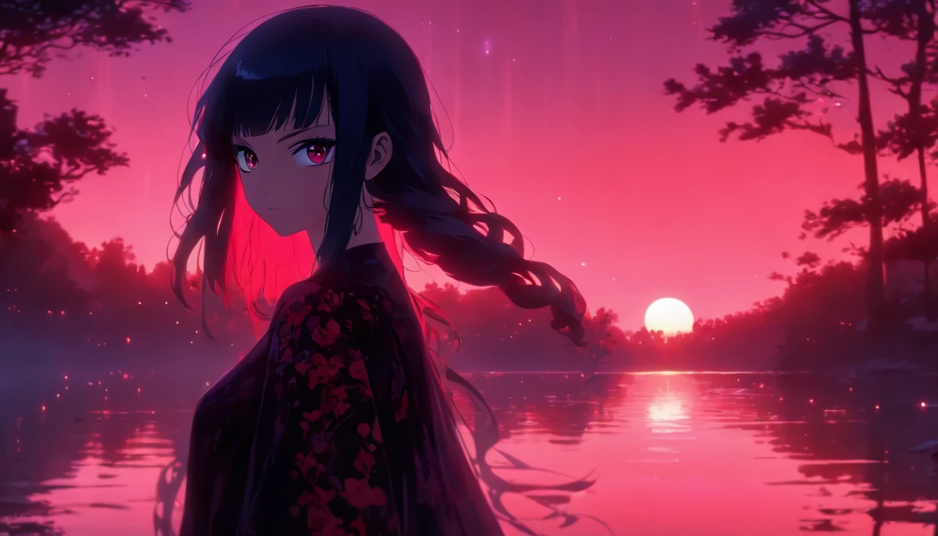 a girl, long black hair, red eyes, black dress, ball gown, lake, reflection, forest, magical, sunset, pink sky, absurdres, high res, ultrasharp, 8K, masterpiece, photorealistic, scenic, cinematic lighting, closeup face photograph, niji, looking at viewer, psychedelic