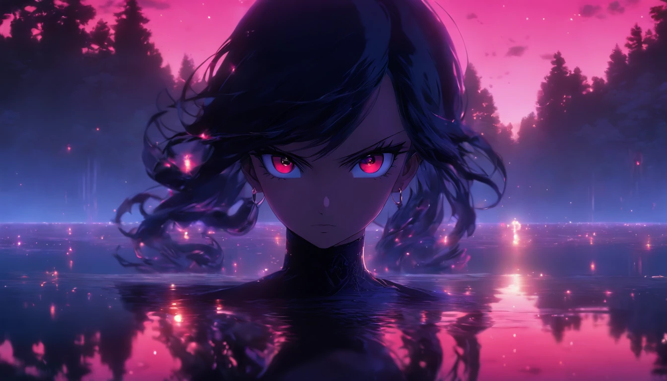 a girl, long black hair, red eyes, black dress, ball gown, lake, reflection, forest, magical, sunset, pink sky, absurdres, high res, ultrasharp, 8K, masterpiece, photorealistic, scenic, cinematic lighting, closeup face photograph, niji, looking at viewer, psychedelic