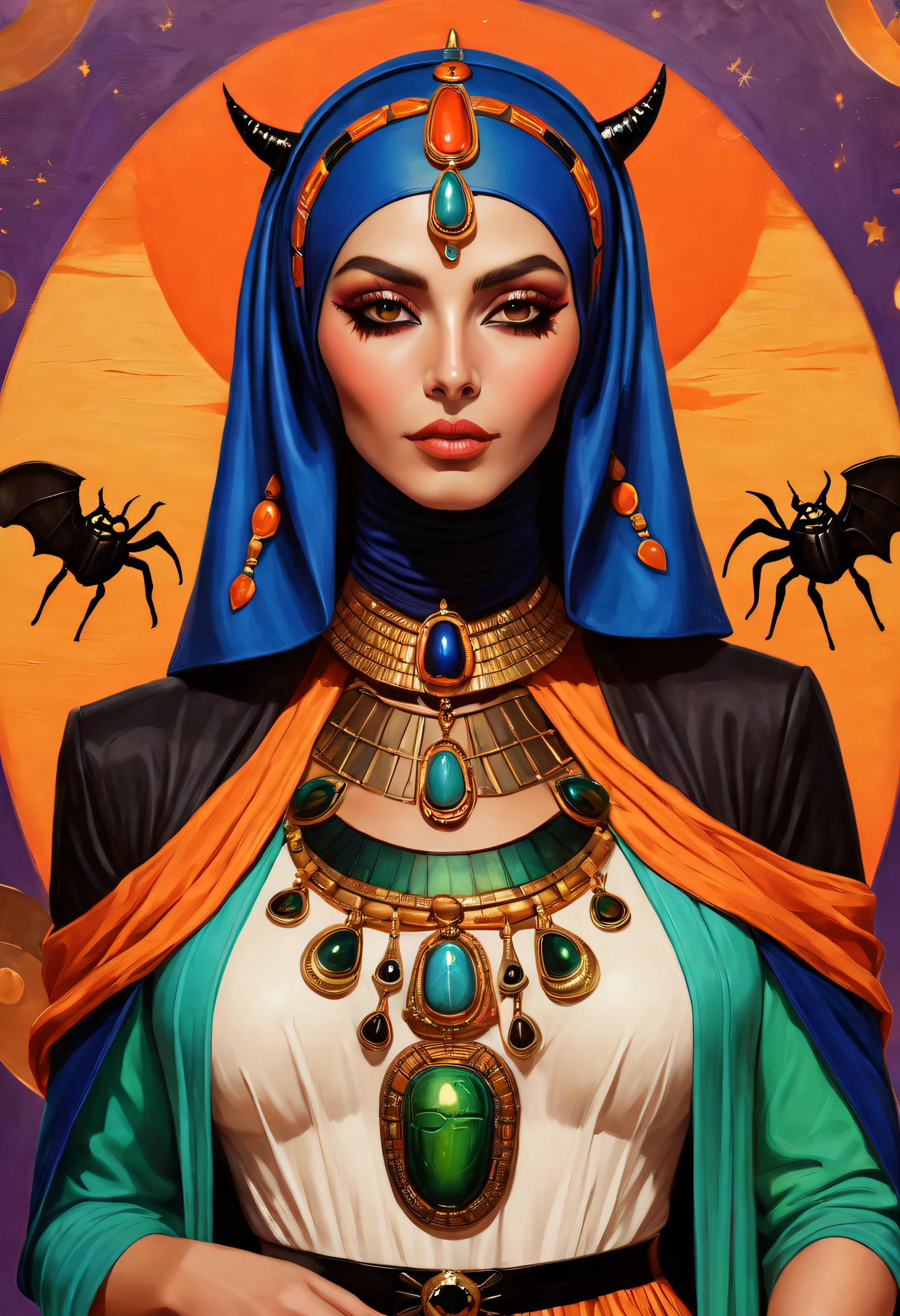 A colorful painting (Woman in Halloween mom costume:1.3), Extreme close-up, Halloween-themed aesthetics, Antiseptic linen, hijabi sluty, Egyptian scarab brooch, Ancient Egypt, Nicolas Samori style