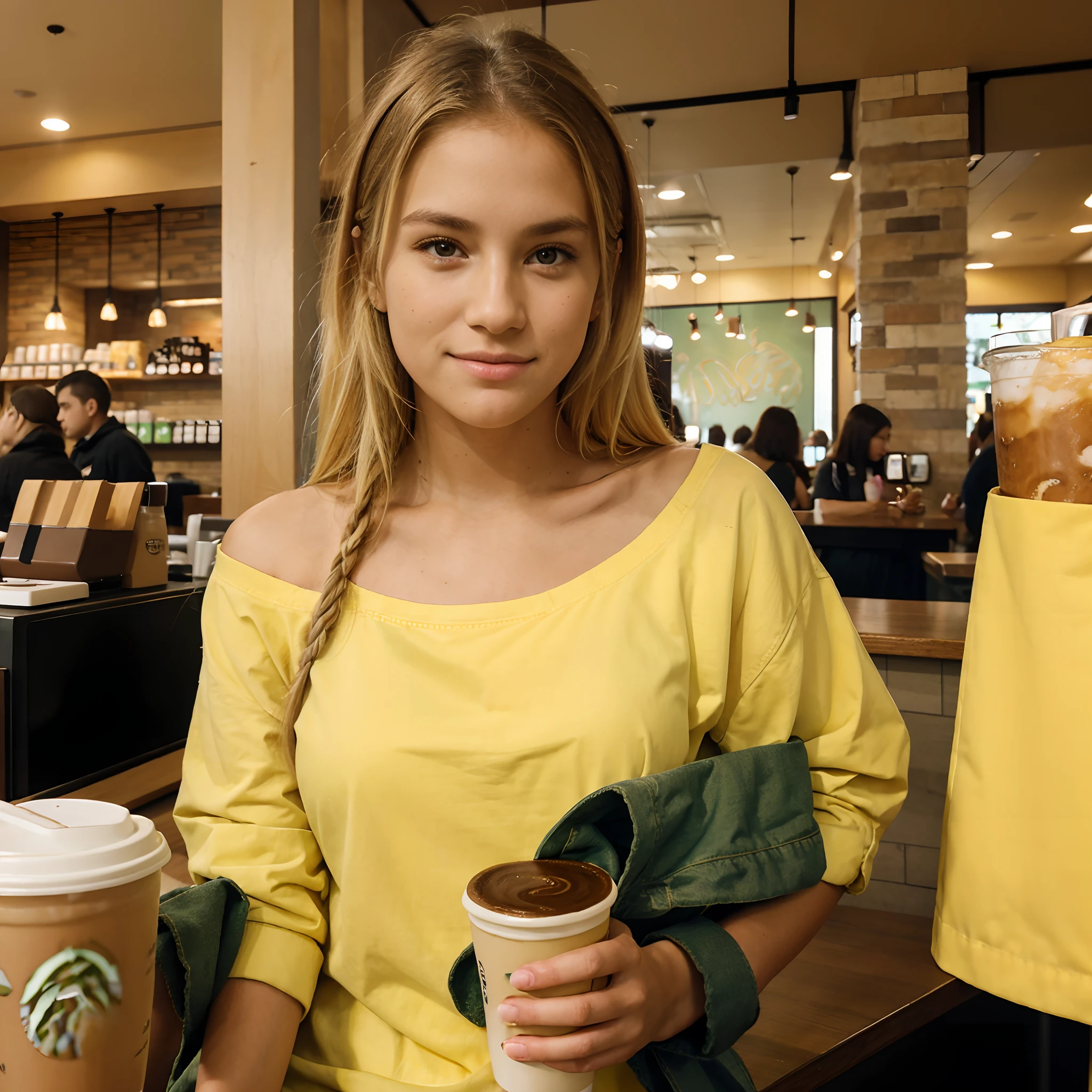 An one American blond girl sipping Starbucks coffee at Starbucks coffee shop, wearing yellow cloths,looking in the mobile , symmetrical face , follow human anatomy, background shop full with people buying coffee and drinking coffee, microdetail, hd ,Nikon latest hight resolution camera,high resolution