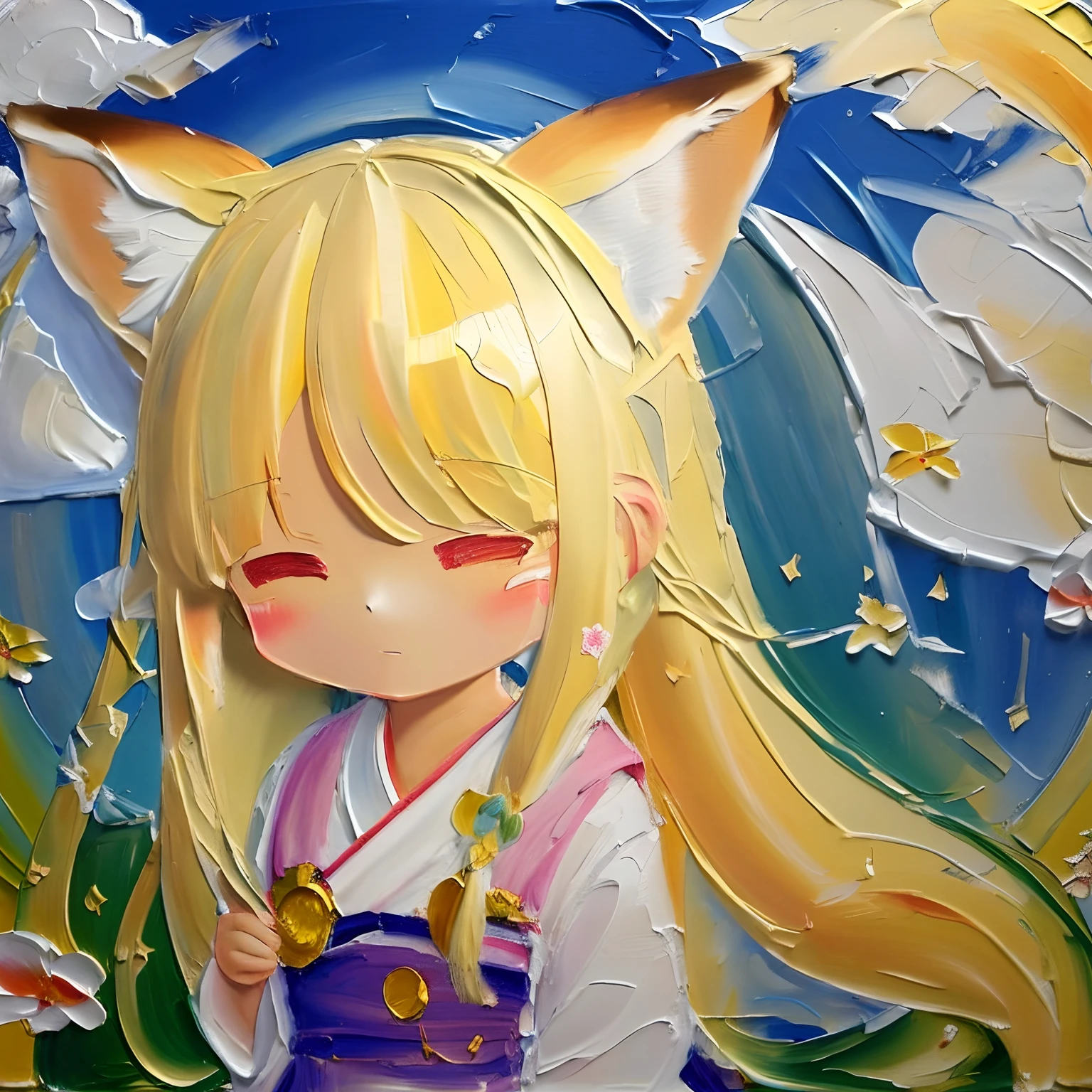 Chibi, Cute oil , Oil Painting \(Medium\), brushstrokes, 1girl in, Animal ears, Blonde hair, Closed eyes, Ear twitching, Fox ears, Komono, Long hair, shrine maiden, Motion Blur, Solo