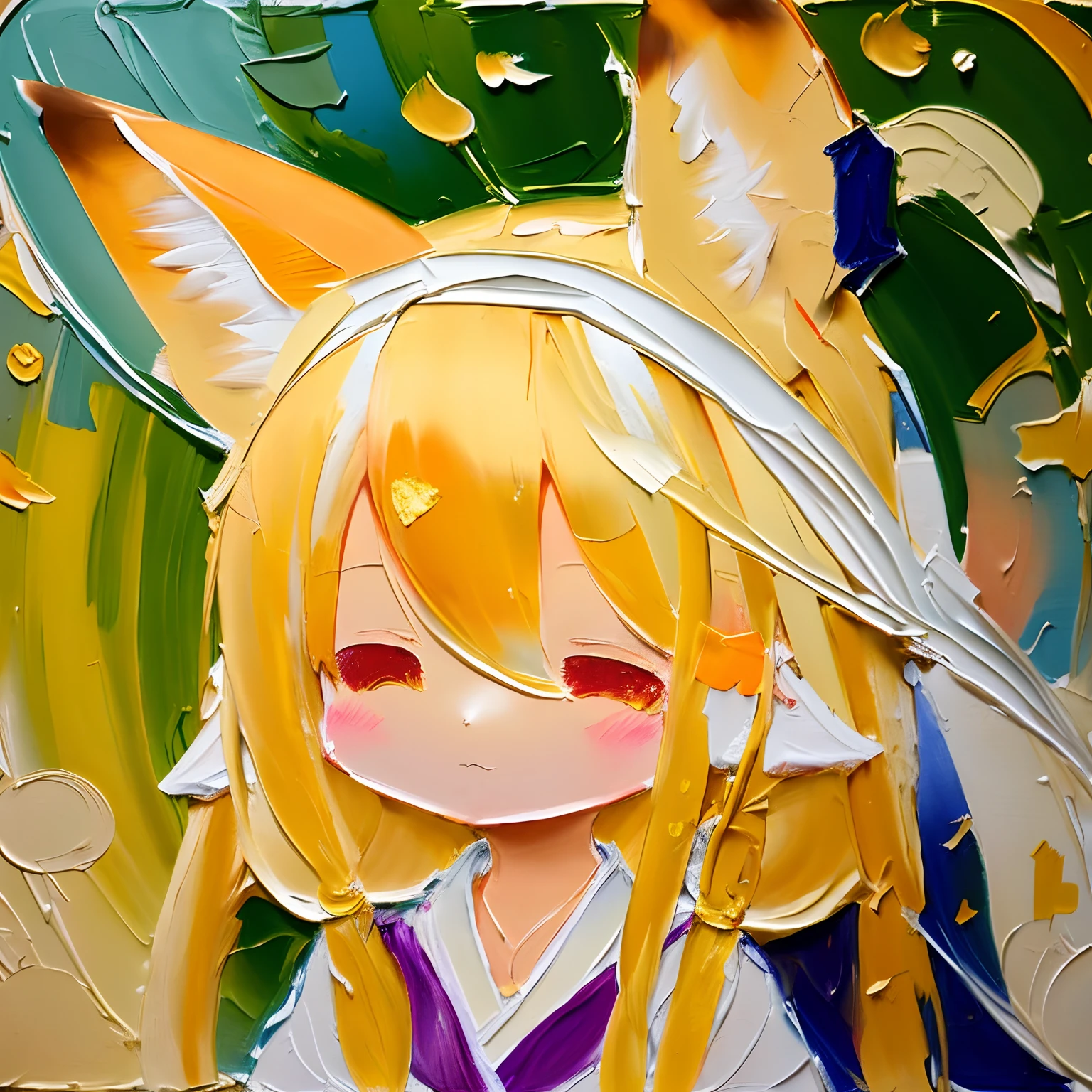 Chibi, Cute oil , Oil Painting \(Medium\), brushstrokes, 1girl in, Animal ears, Blonde hair, Closed eyes, Ear twitching, Fox ears, Komono, Long hair, shrine maiden, Motion Blur, Solo