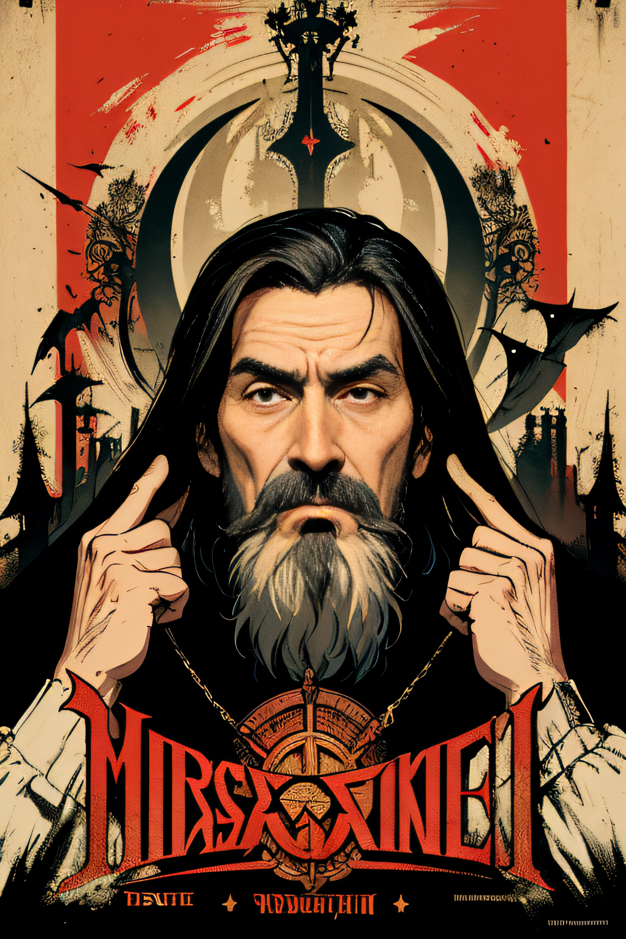(Masterpiece, Best Quality), 8k Wallpaper, highly detailed, poster, Rasputin, The Mad Monk, Christopher Lee, gothic, horror, Russia, horror thriller cinematic movie poster, Bauhaus, shapes, lines, abstract, propaganda, gothic, movie poster, vintage, in the style of frank frazetta.