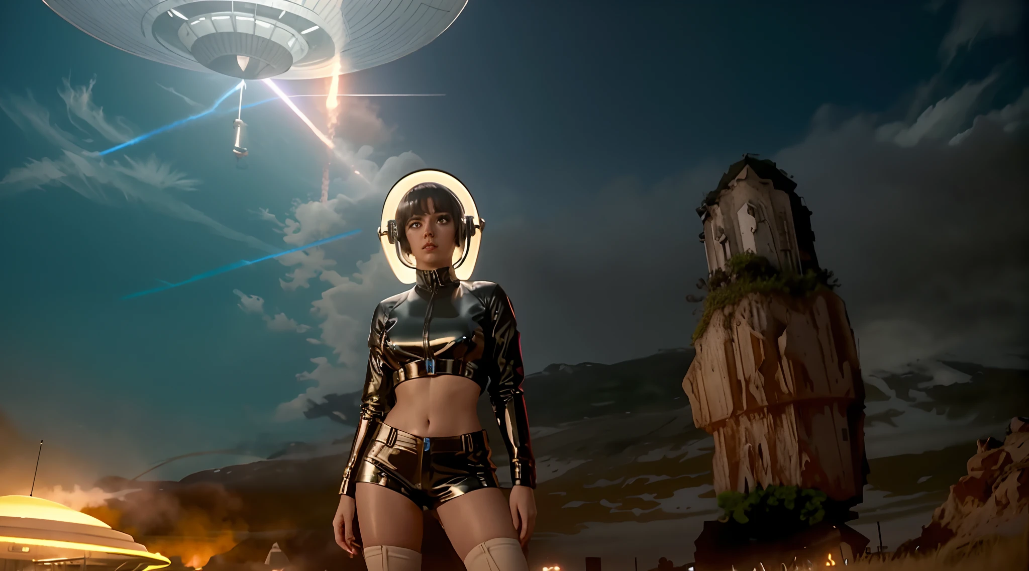 mulher loira, mulher jovem, coxas grossas, usando shorts curtos skintight de latex preto, seios nus, seios grandes, mamilos rosados, pele de porcelana, NSFW, Standing in front of a flying saucer, Flying saucer hovering in the sky in a science fiction movie, epic sci-fi movie still, movie still of the alien girl, an epic scifi movie still, dramatic sci-fi movie still, alien woman, Sci Fi Dramatic Lighting, sci-fi cinematic movie still, alien girl, as a retro futuristic heroine, sci-fi movie still