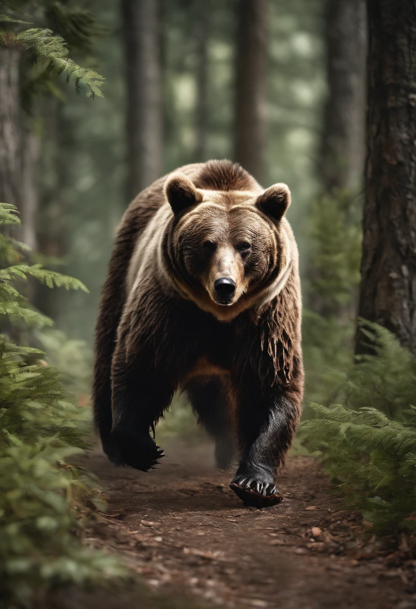 A bear walking through the forest in a hunter's costume.
