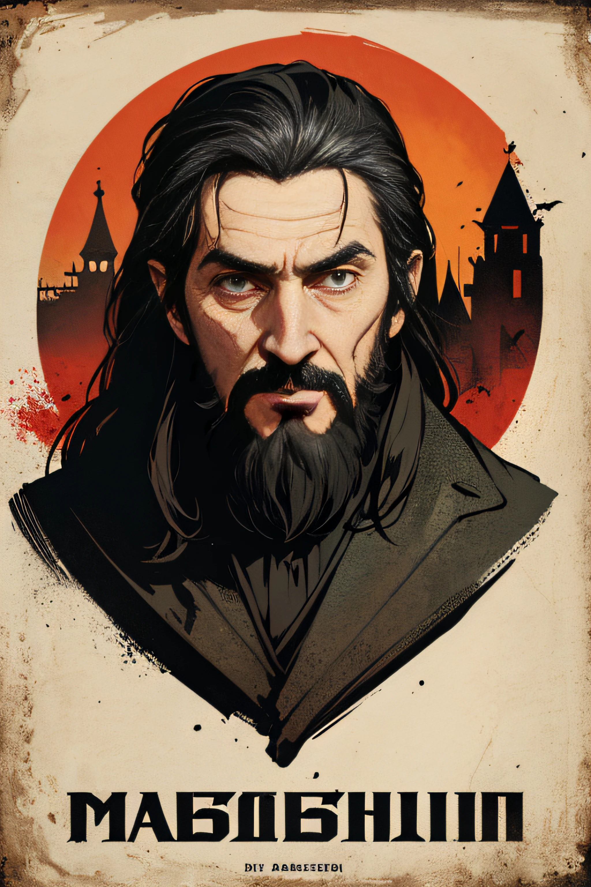 (Masterpiece, Best Quality), 8k Wallpaper, highly detailed, poster, Rasputin, The Mad Monk, Christopher Lee, gothic, horror, Russia, horror thriller cinematic movie poster, shapes, lines, abstract, propaganda, gothic, movie poster, vintage, in the style of frank frazetta.