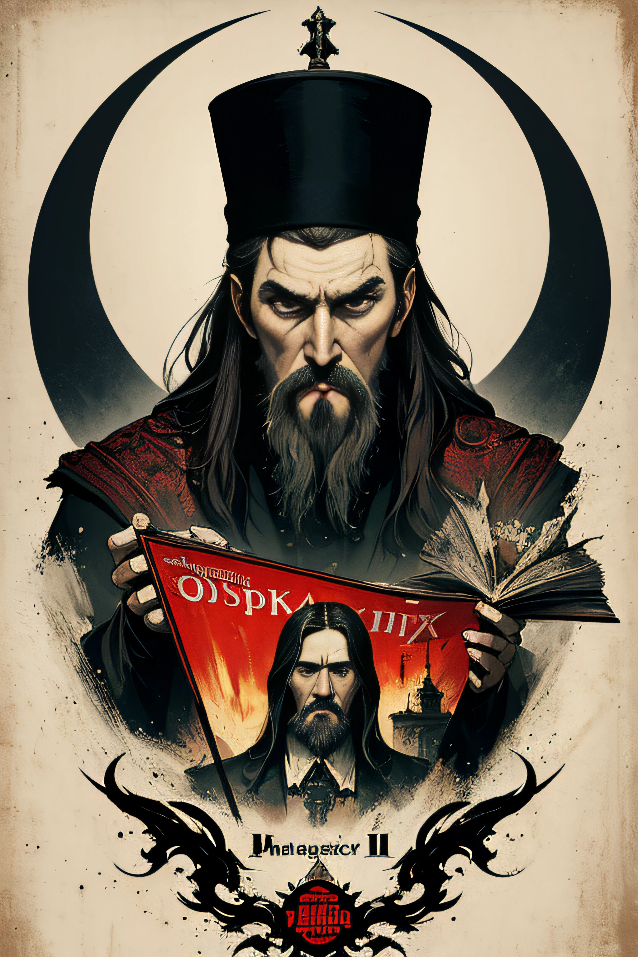 (Masterpiece, Best Quality), 8k Wallpaper, highly detailed, poster, Rasputin, The Mad Monk, Christopher Lee, gothic, horror, Russia, horror thriller cinematic movie poster, shapes, lines, abstract, propaganda, gothic, movie poster, vintage, in the style of frank frazetta.