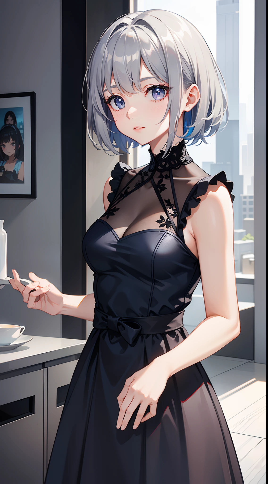young girl, short gray hair, gray eyes, sexy blue dress, Generad, Masterpiece, hiquality, 4k, HD, Good detail