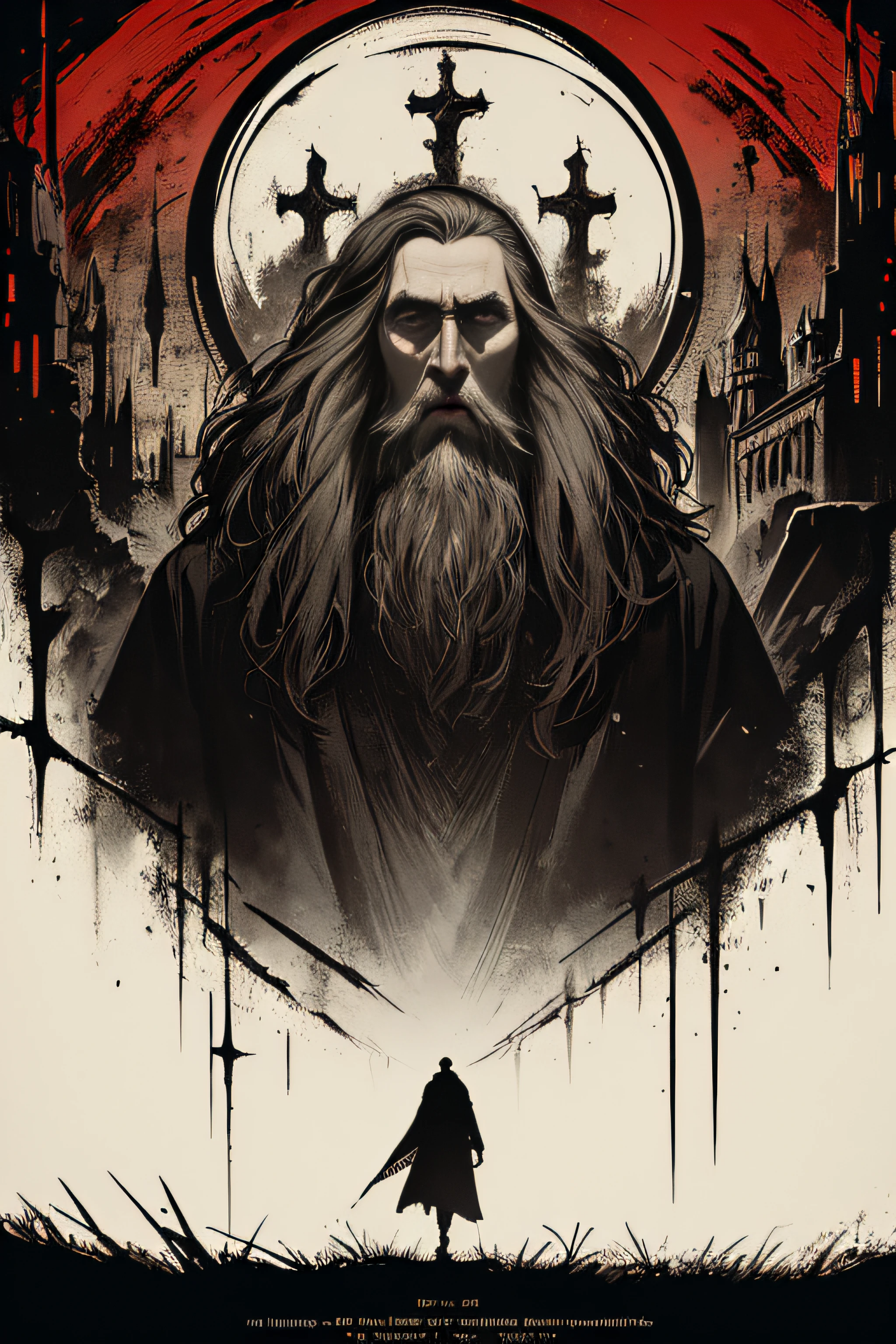 (Masterpiece, Best Quality), 8k Wallpaper, highly detailed, poster, Rasputin, The Mad Monk, Christopher Lee, gothic, horror, Russia, horror thriller cinematic movie poster, shapes, lines, abstract, propaganda, gothic, movie poster, vintage, in the style of frank frazetta, low-angle shot.