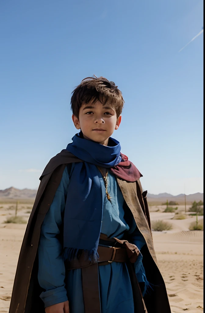 young boy, Dressed in blue medieval clothes with scarf, fluttering in the wind, desert
