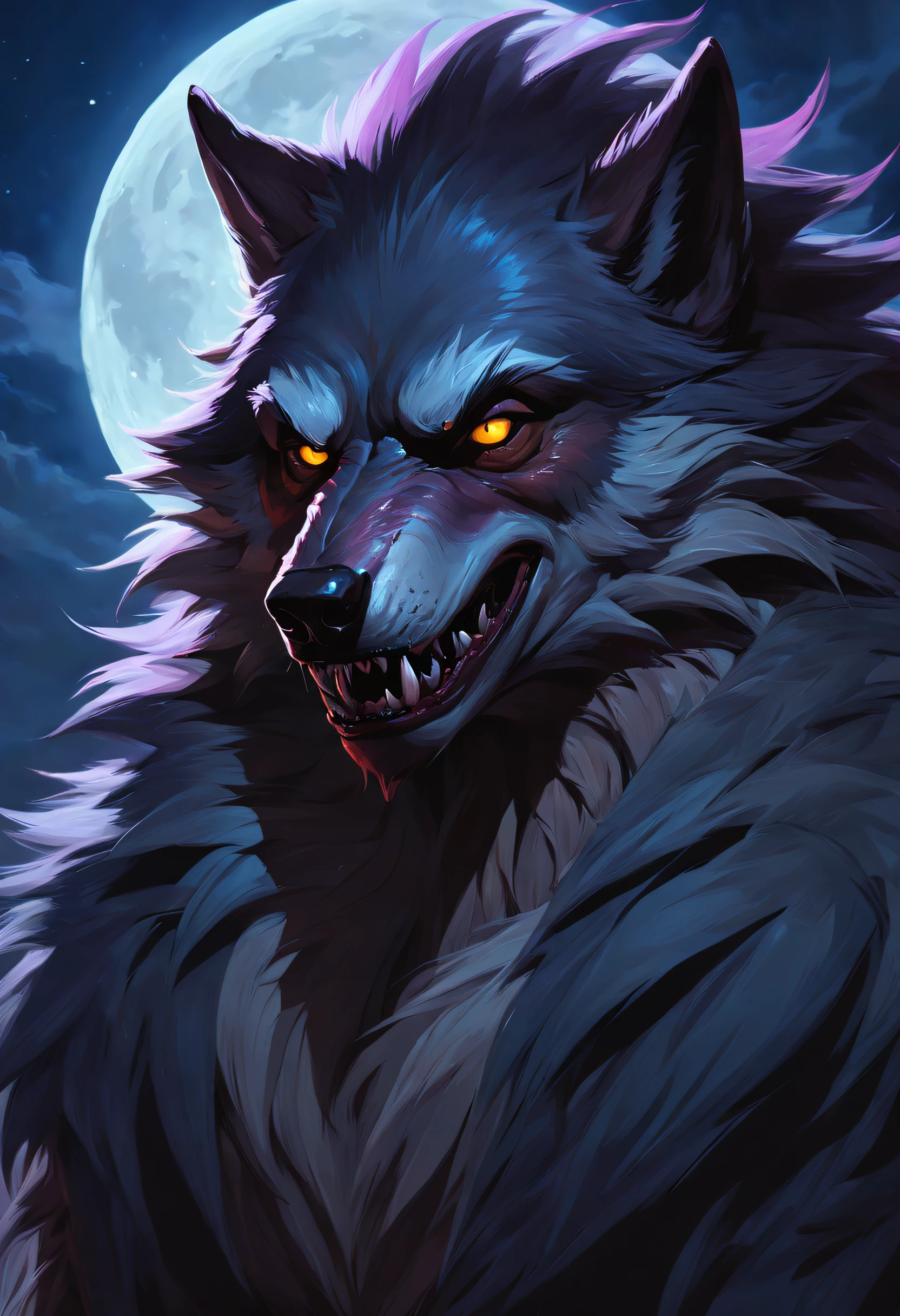 Colorful paintings of werewolves, Extreme close-up, long fur, Moonlight, god light, Halloween-themed aesthetics, Nikolai Samori's style