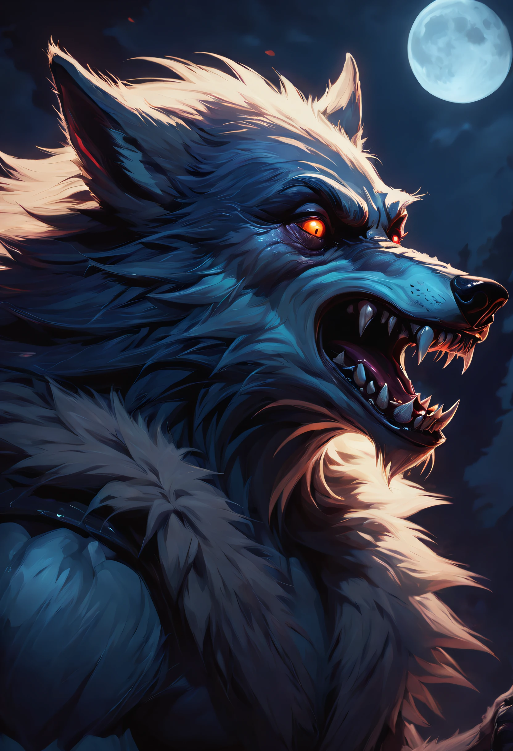 Colorful paintings of werewolves, Extreme close-up, long fur, Moonlight, god light, Halloween-themed aesthetics, Nikolai Samori's style