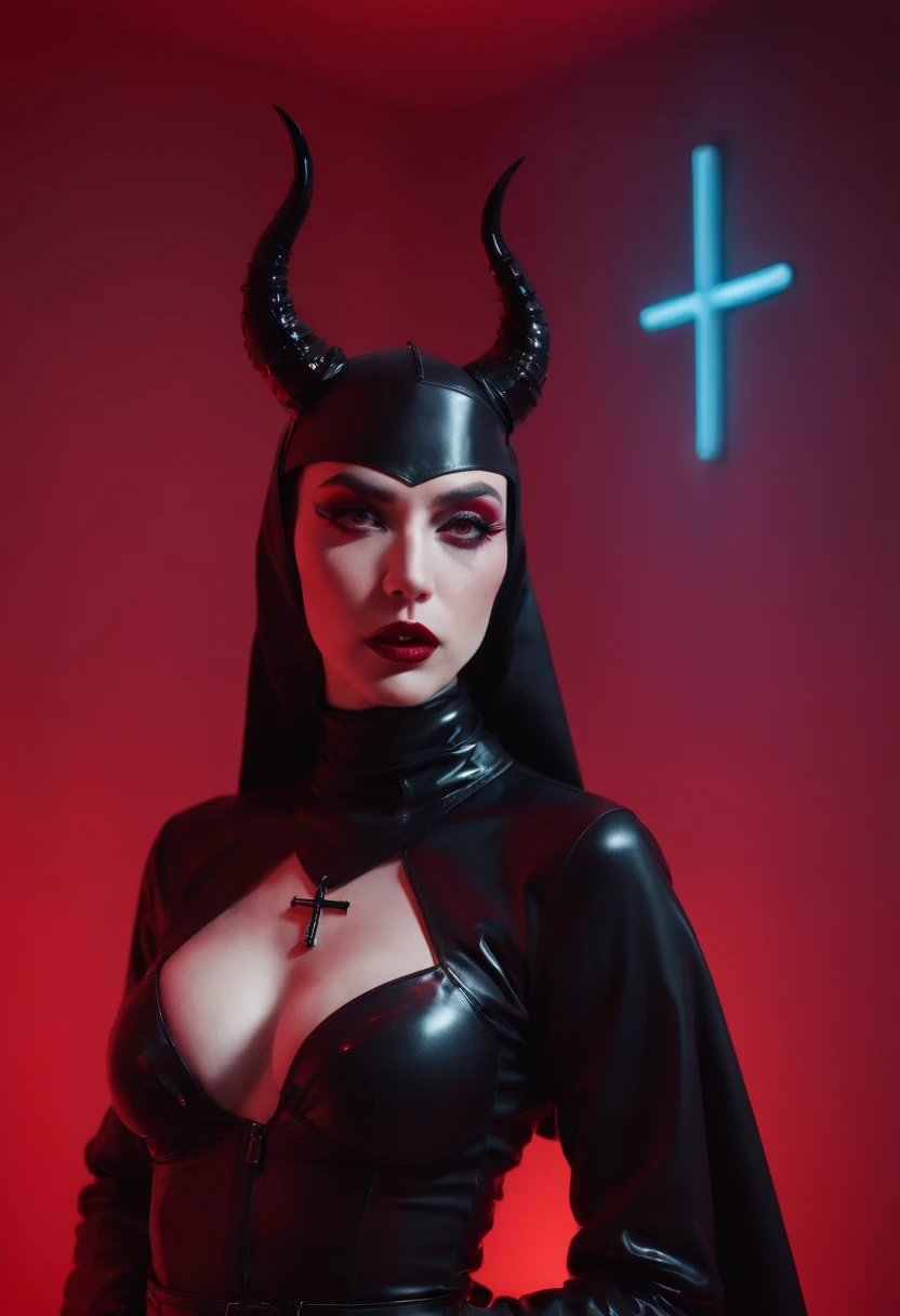 Sexy demon nun dressed in latex lingerie posing for a photo, red neon lights, red background, darksynth aesthetic, fetish fashion aesthetic, perfect body, sexy nun, demon woman, gothic fashion, goth aesthetic, vampire aesthetic.