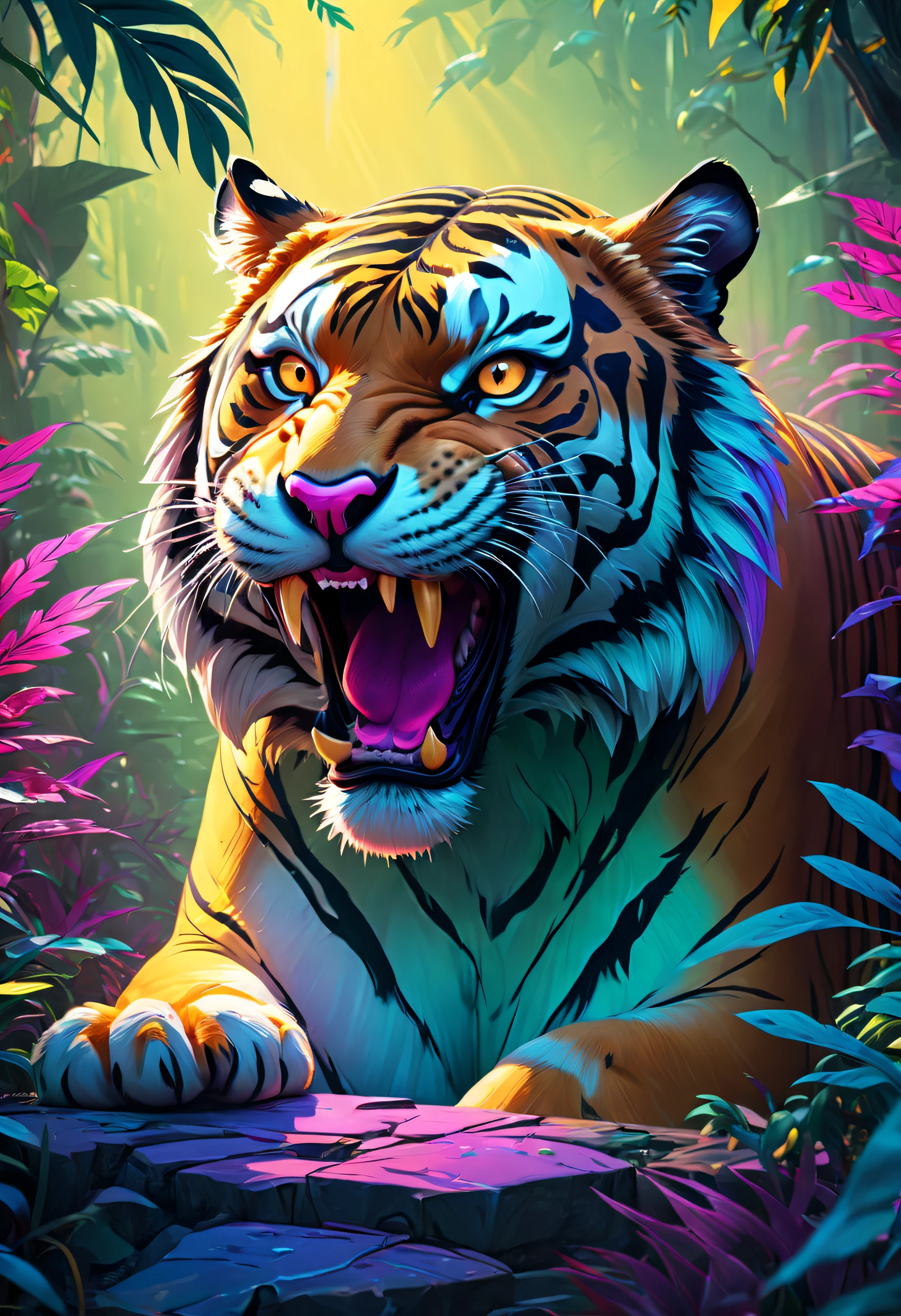 dream illustration, fairytale, oil painting, 8k, HD, a large tiger roaring, background, beautiful lush jungle, HD, golden, light yellow, light teal, magenta red, light purple, moonlight colors, cold lighting atmosphere (digital drawing:1.2), comic style, toon style, illustrative funk, retrowave graffiti, perspective view, extreme face close-up, T-Shirt Graphic, ultra hd, realistic, vivid colors, highly detailed, UHD drawing, pen and ink, perfect composition, beautiful detailed intricate insanely detailed octane render trending on artstation, 8k artistic photography, photorealistic concept art, soft natural volumetric cinematic perfect light